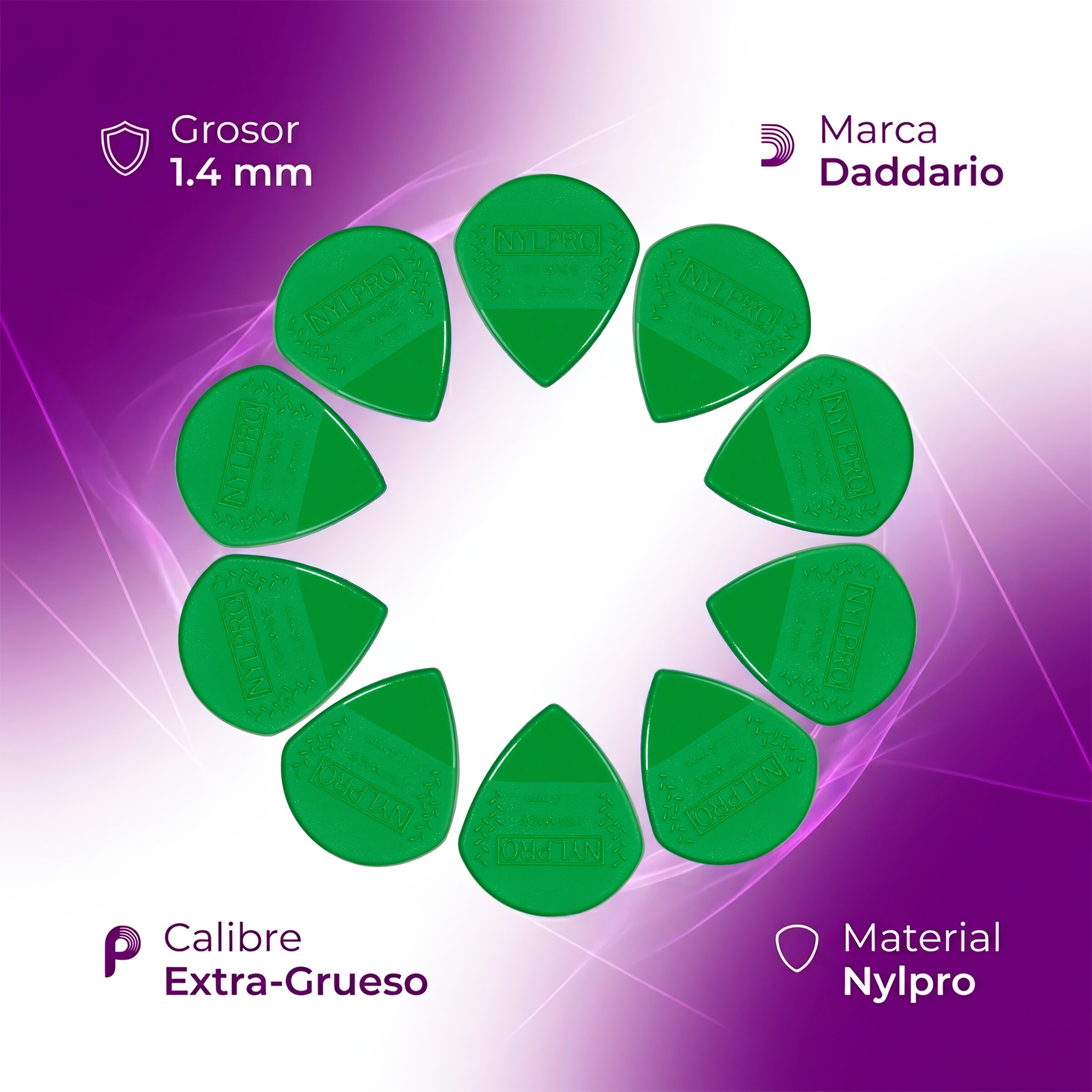 Puas Daddario Nylpro 3NPP7-10 Planet Waves color verde fabricadas en nylon con patrón de agarre doble cara