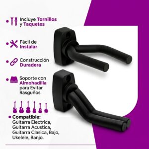 Soporte de Pared Guitarra para instrumentos de cuerda ideal para guitarra acústica, bajo y ukelele, diseño robusto y seguro SOPGA