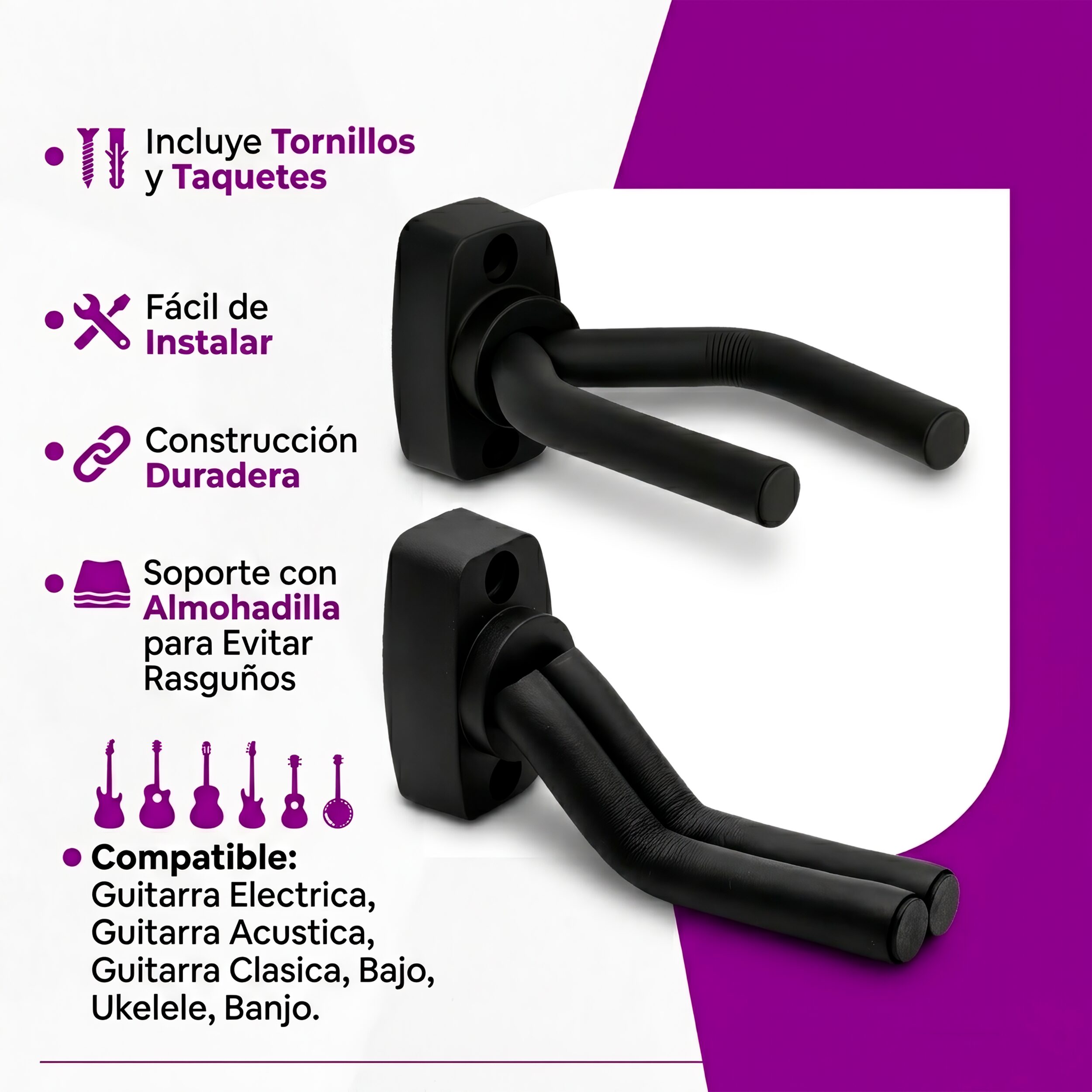 Soporte de Pared Guitarra para instrumentos de cuerda ideal para guitarra acústica, bajo y ukelele, diseño robusto y seguro SOPGA