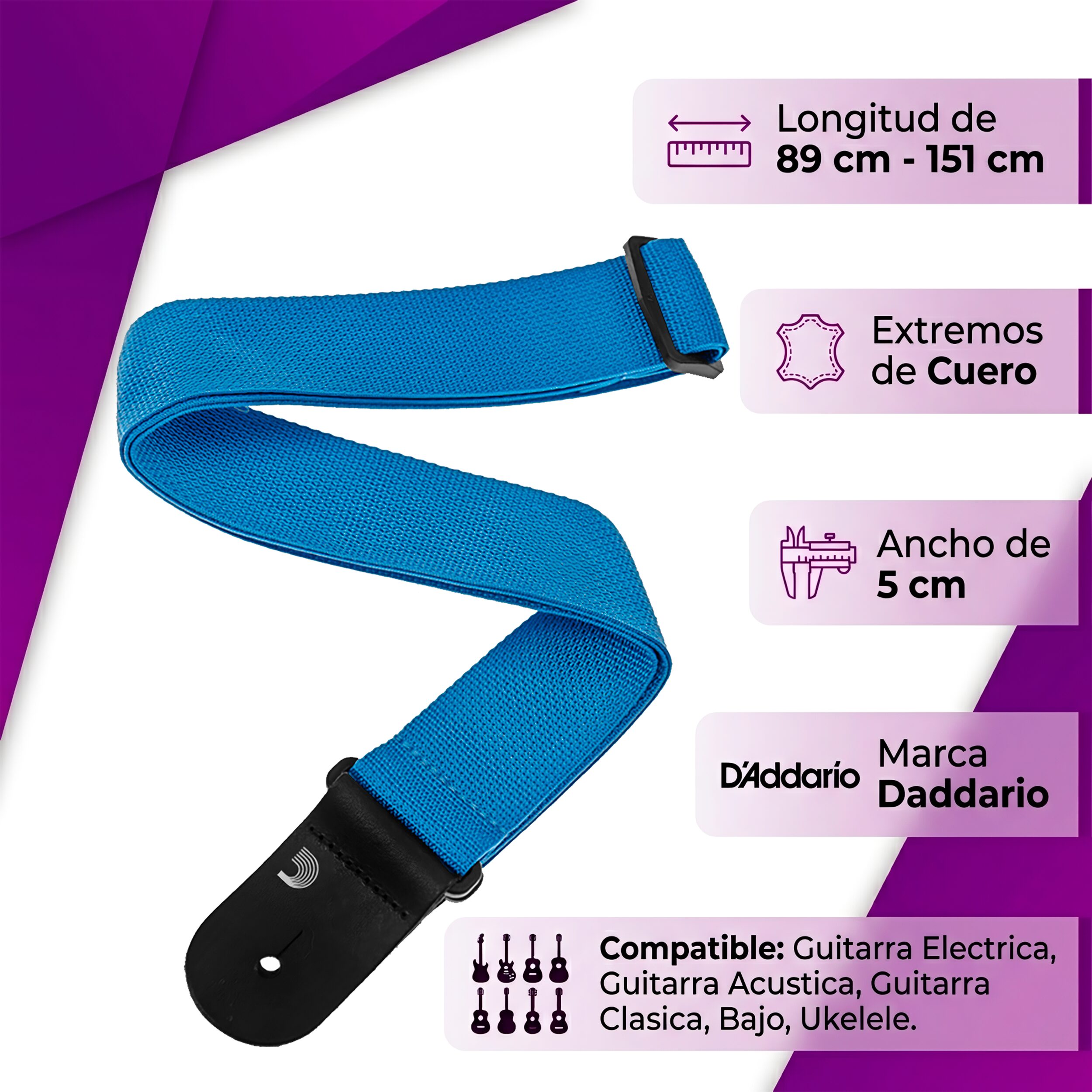 Tali Correa de Guitarra Planet Waves polipropileno negro ajustable resistente y duradero marca daddario azul, bajo guitarra electrica bajoloche - PWS102