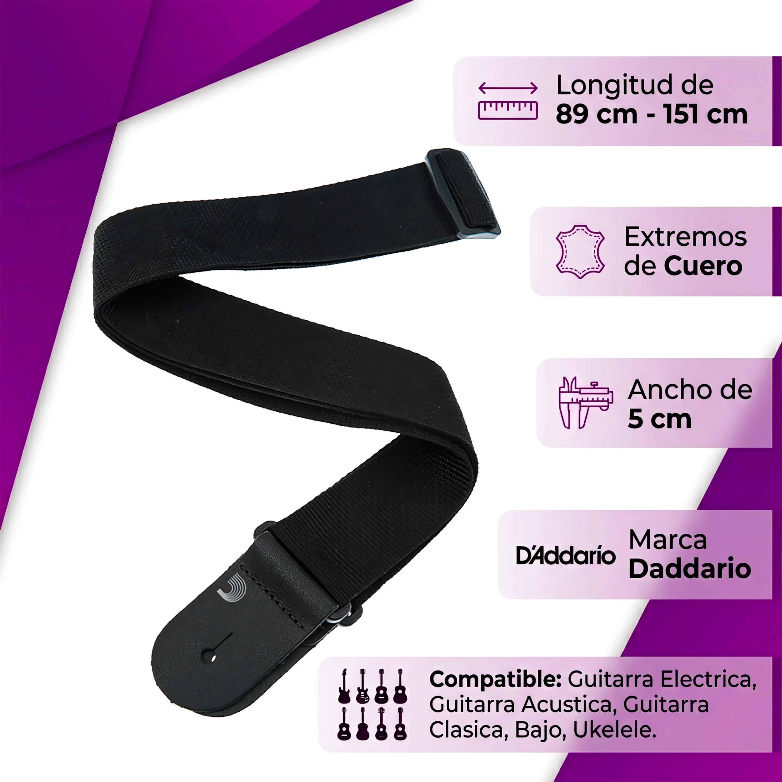 Tali Correa de Guitarra Planet Waves polipropileno negro ajustable resistente y duradero marca daddario negro, bajo guitarra electrica bajoloche - PWS100
