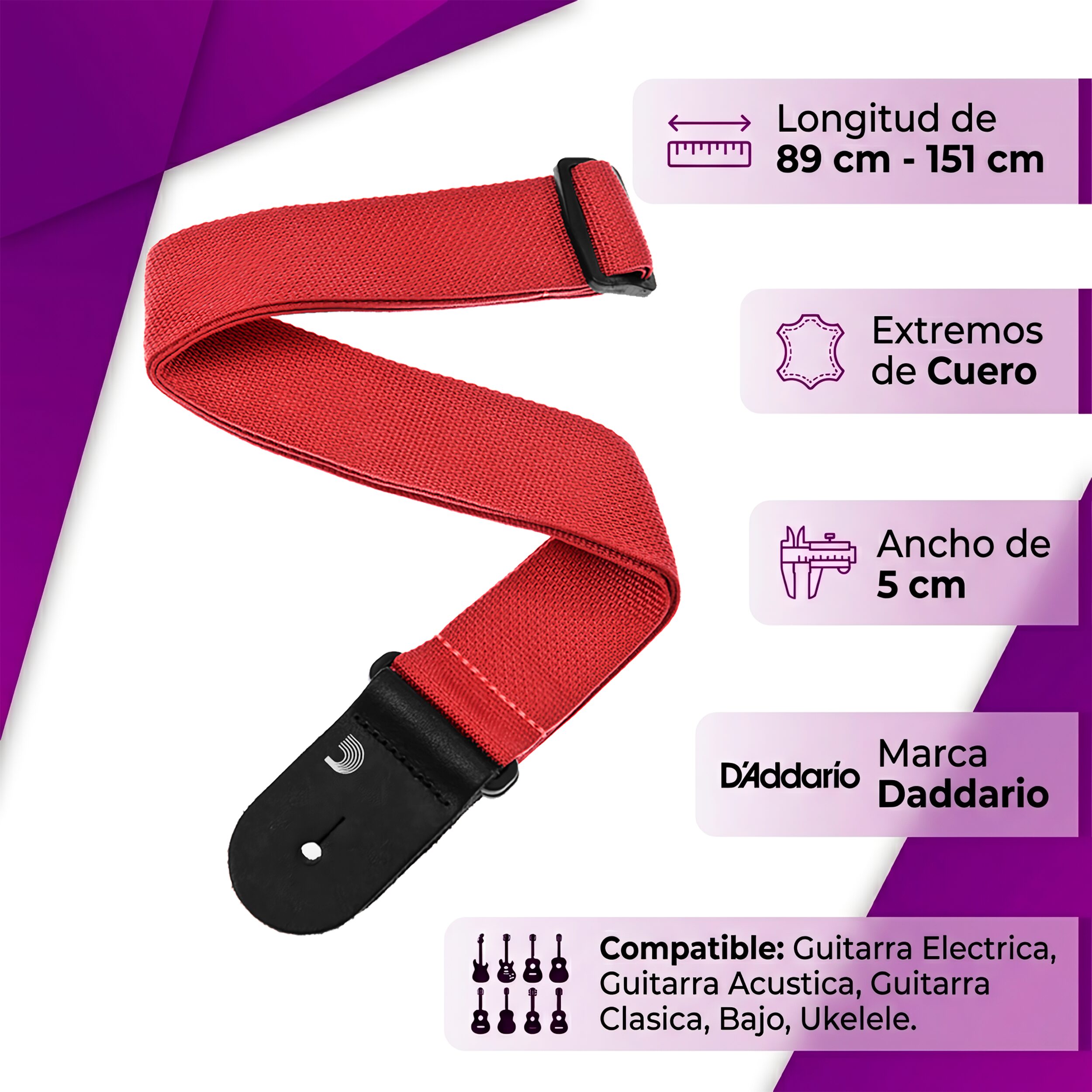 Tali Correa de Guitarra Planet Waves polipropileno negro ajustable resistente y duradero marca daddario rojo, bajo guitarra electrica bajoloche - PWS101