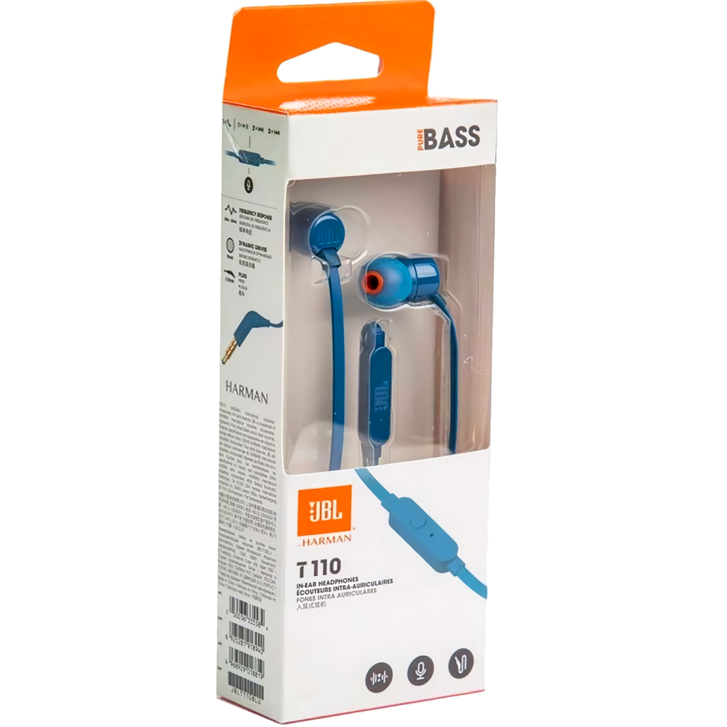 Audifonos JBL Tune 110 Harman color azul con diseño In-Ear, conector alámbrico 3.5 mm y control remoto integrado para música y llamadas.