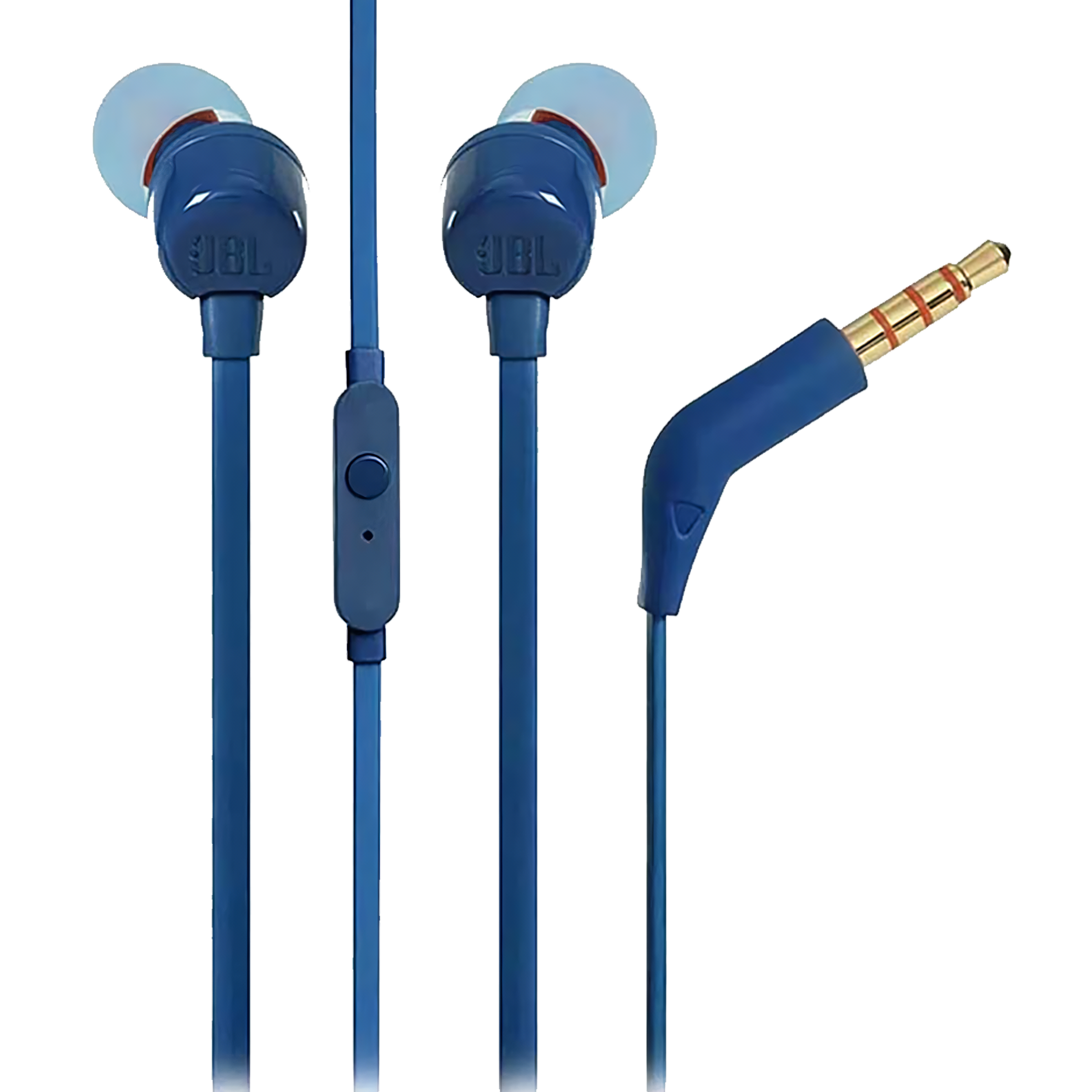 Audifonos JBL Tune 110 Harman color azul con diseño In-Ear, conector alámbrico 3.5 mm y control remoto integrado para música y llamadas.