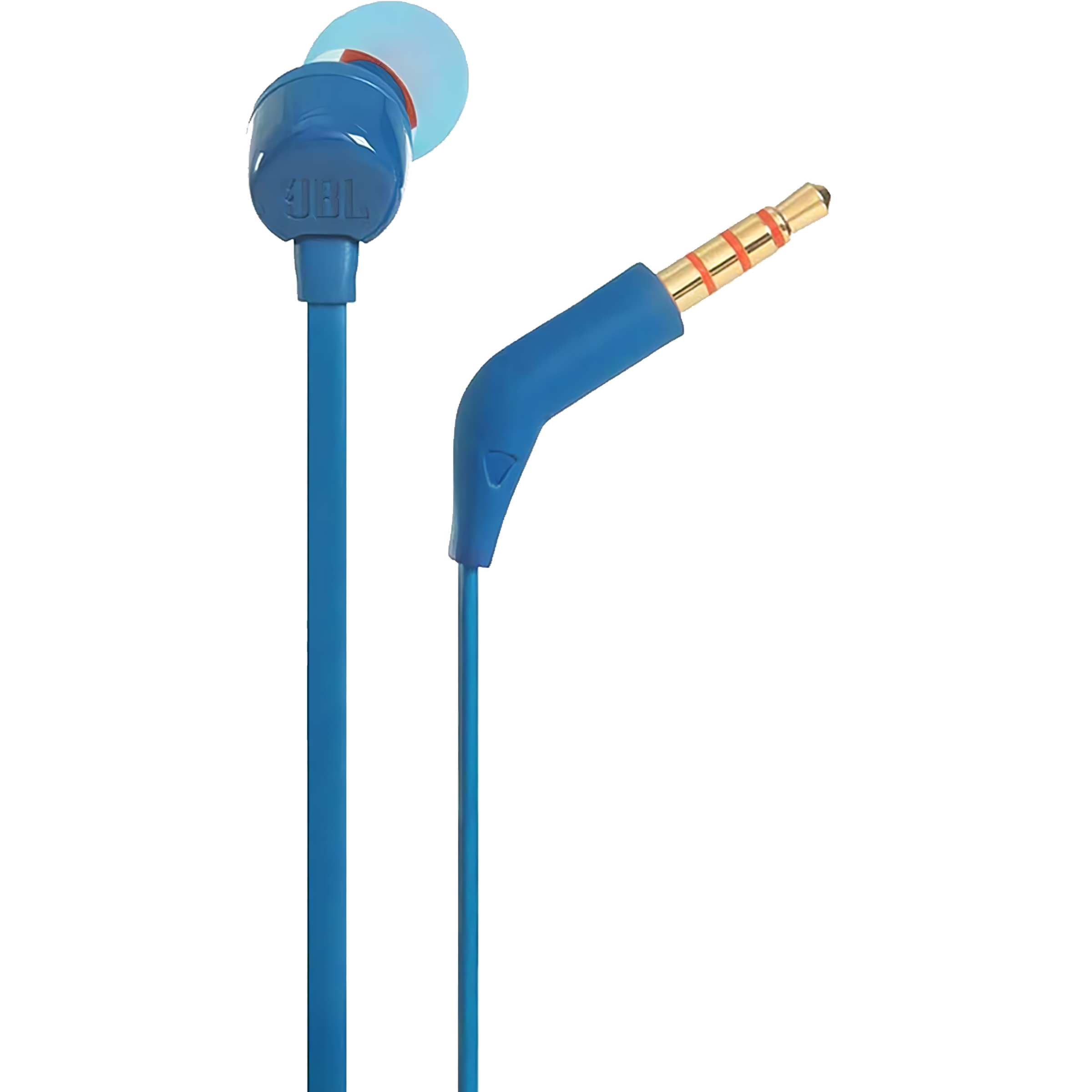 Audifonos JBL Tune 110 Harman color azul con diseño In-Ear, conector alámbrico 3.5 mm y control remoto integrado para música y llamadas.