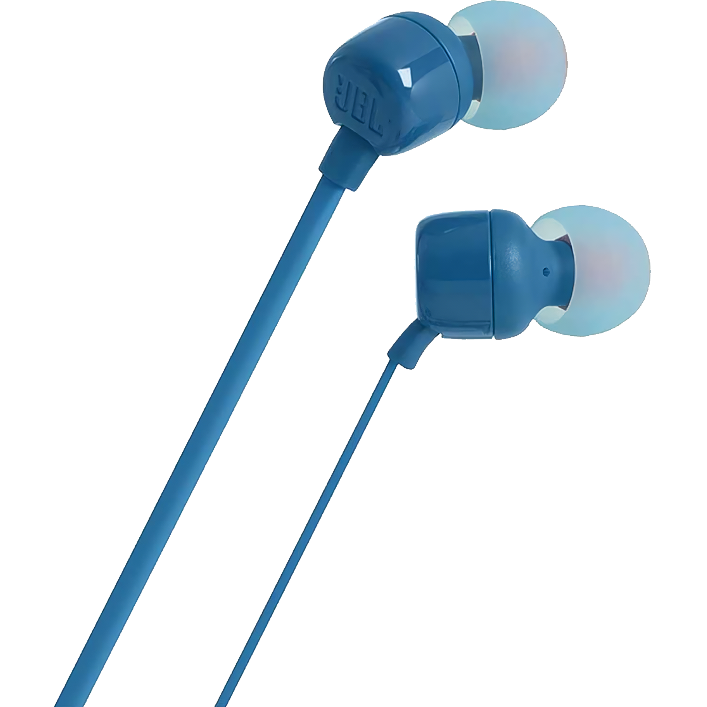Audifonos JBL Tune 110 Harman color azul con diseño In-Ear, conector alámbrico 3.5 mm y control remoto integrado para música y llamadas.