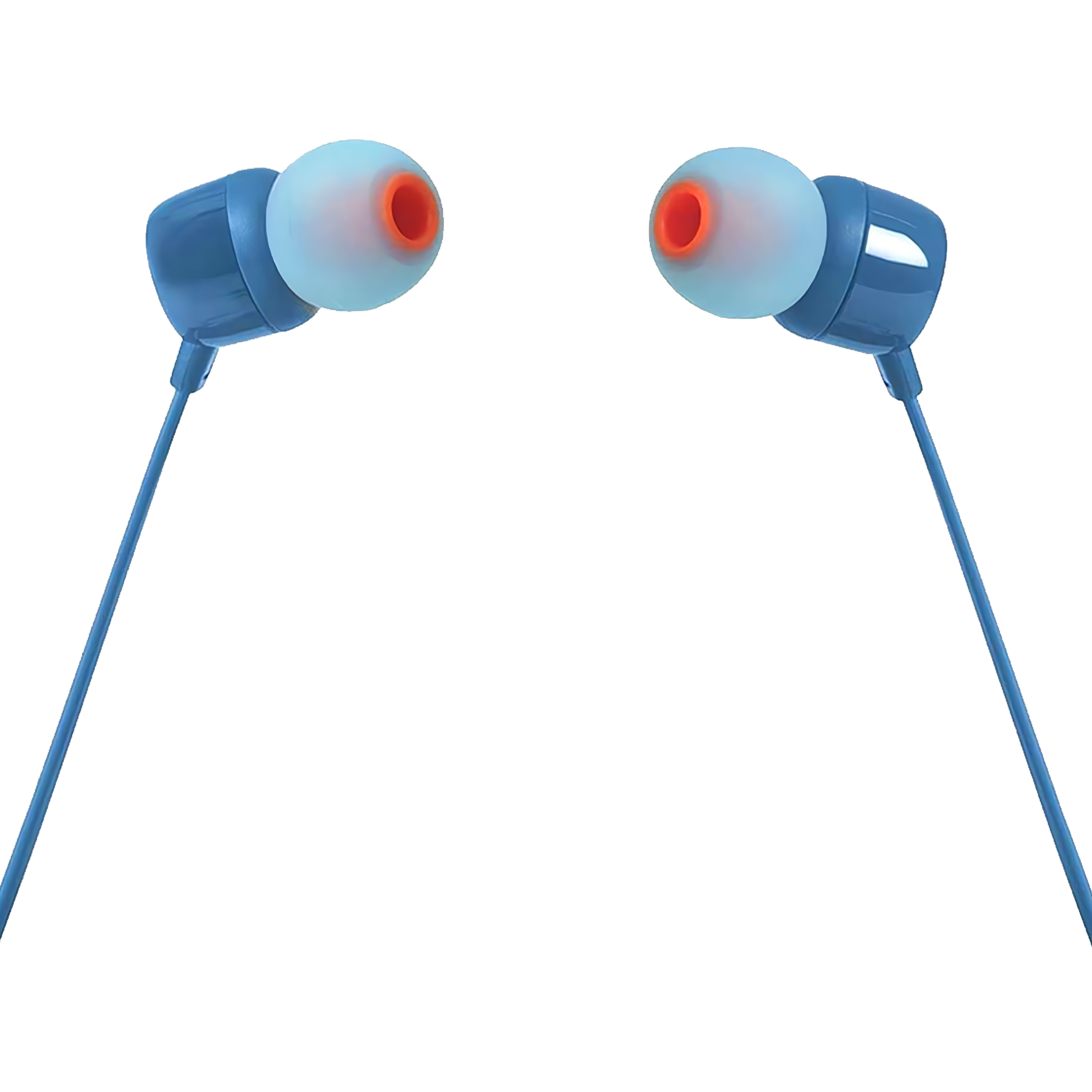 Audifonos JBL Tune 110 Harman color azul con diseño In-Ear, conector alámbrico 3.5 mm y control remoto integrado para música y llamadas.