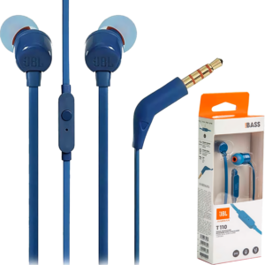Audifonos JBL Tune 110 Harman color azul con diseño In-Ear, conector alámbrico 3.5 mm y control remoto integrado para música y llamadas.
