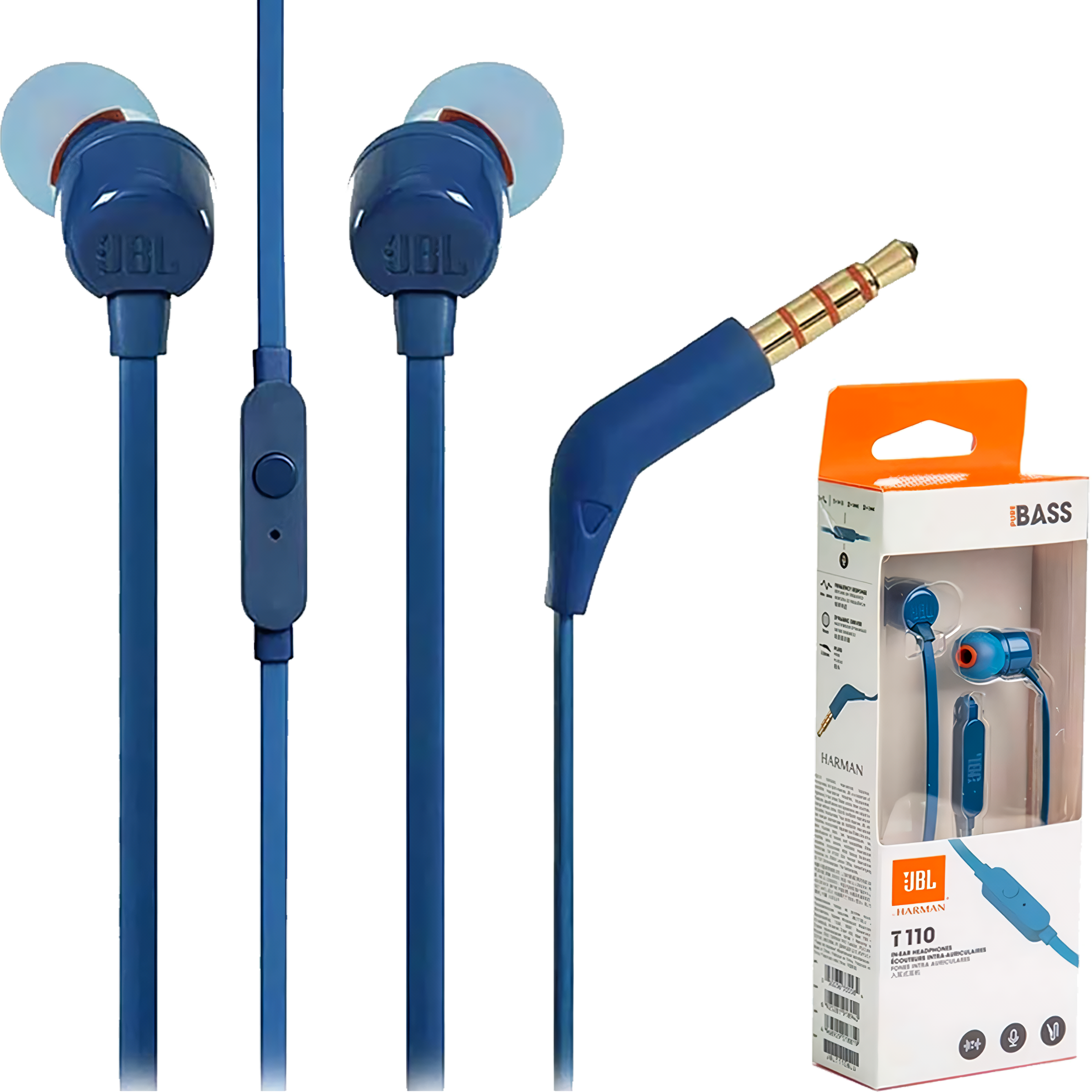Audifonos JBL Tune 110 Harman color azul con diseño In-Ear, conector alámbrico 3.5 mm y control remoto integrado para música y llamadas.