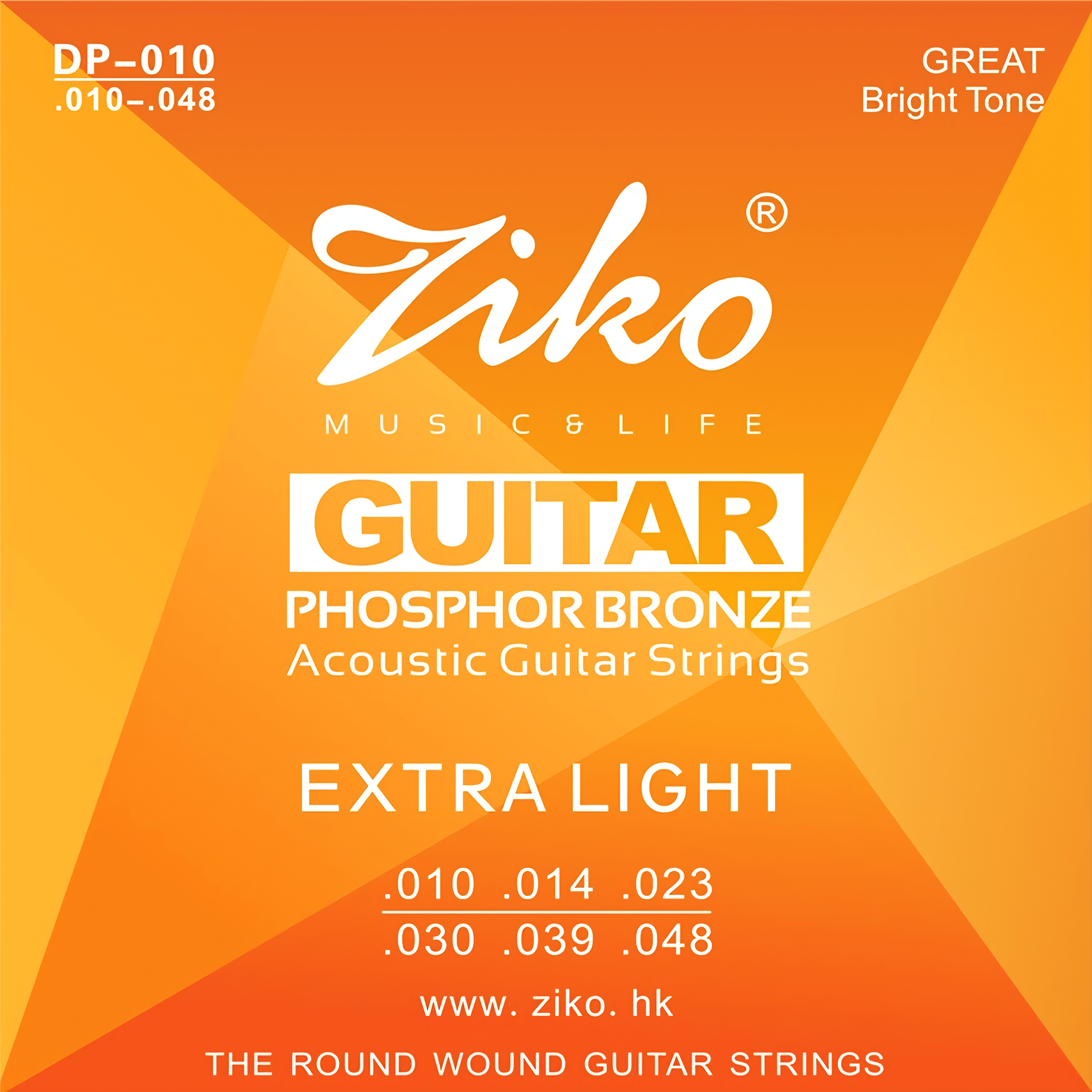 Cuerdas Guitarra Acustica Ziko DP-010 calibre .010 - .048 estilo Extra Light para guitarra acústica con sonido brillante y excelente respuesta.