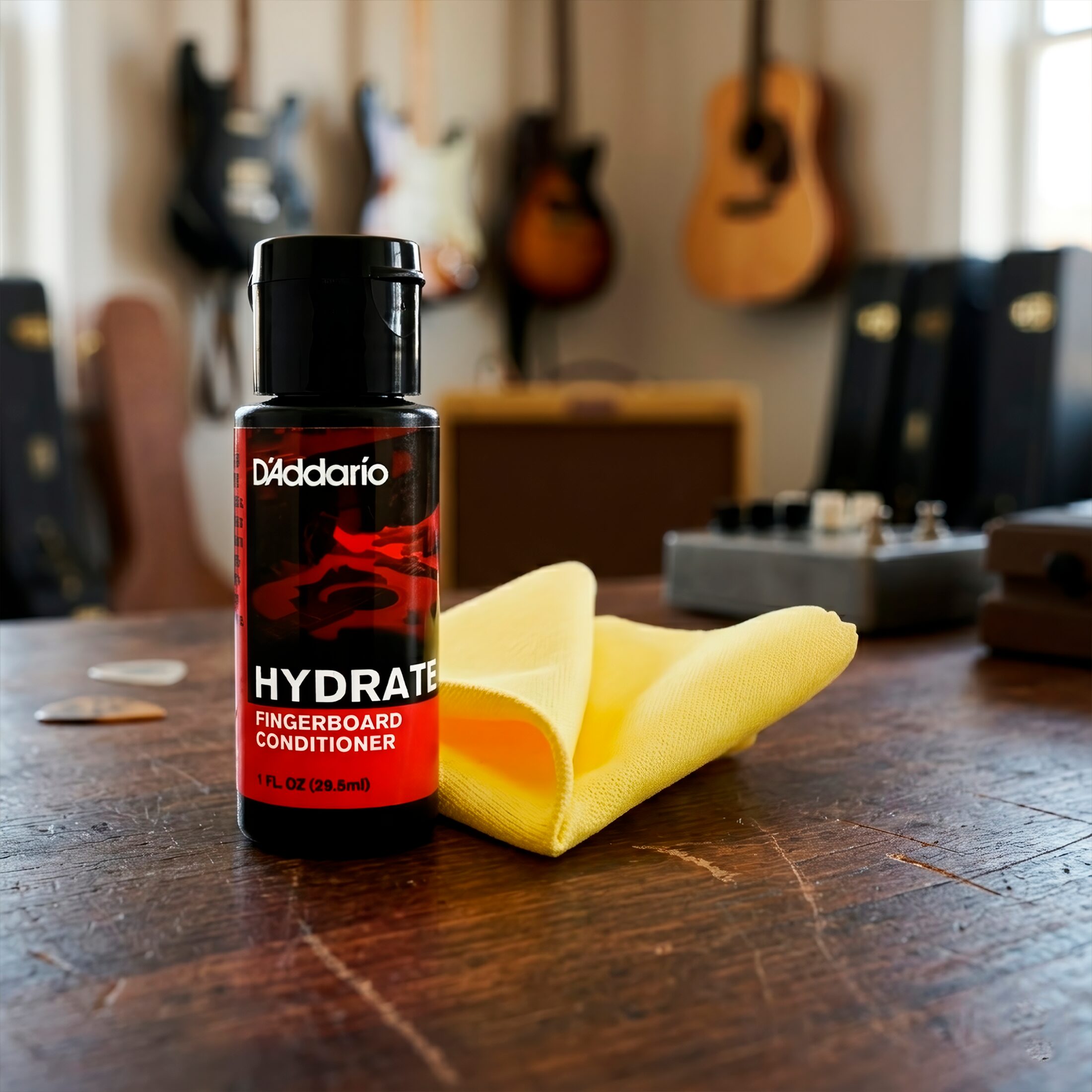 Kit D’Addario PW‑FBCS Planets Waves con botella de aceite limpiador de 60 ml y paño de microfibra, fórmula sin acumulación para limpiar y acondicionar diapasones de madera oscura.
