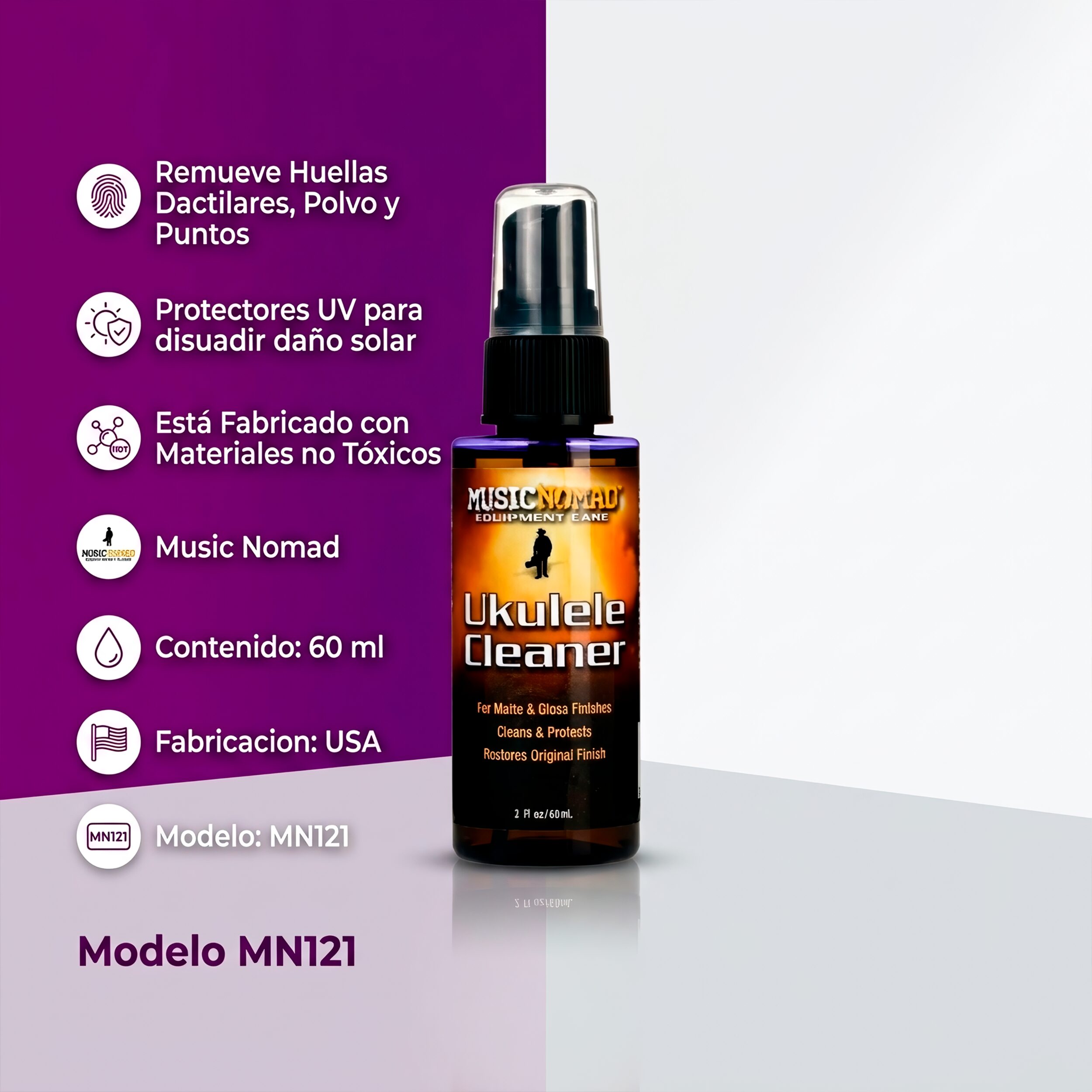 Limpiador Ukulele Cleaner Music Nomad MN121 en spray con paño incluido, limpiador profesional para ukulele que elimina polvo, huellas y suciedad.