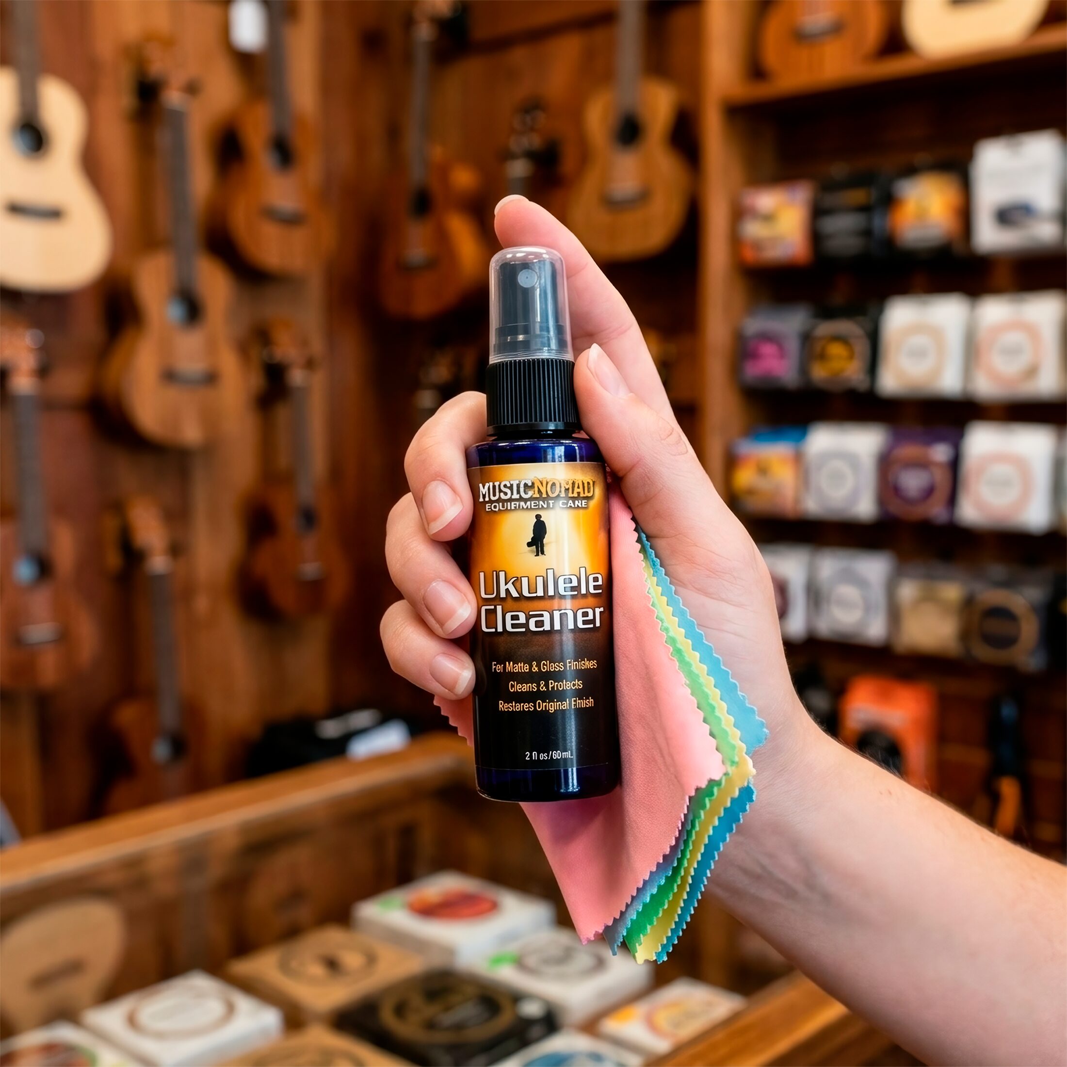 Limpiador Ukulele Cleaner Music Nomad MN121 en spray con paño incluido, limpiador profesional para ukulele que elimina polvo, huellas y suciedad.