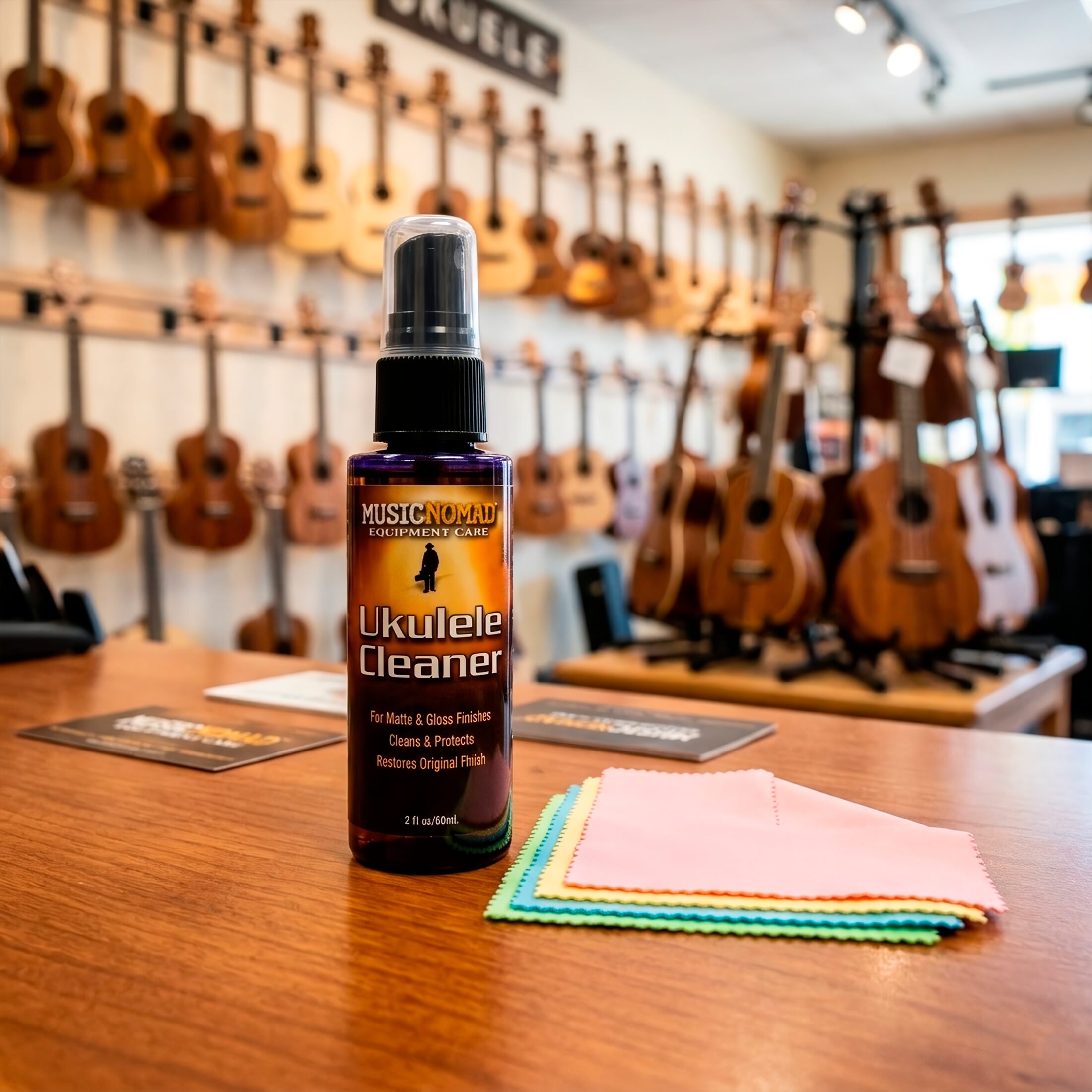 Limpiador Ukulele Cleaner Music Nomad MN121 en spray con paño incluido, limpiador profesional para ukulele que elimina polvo, huellas y suciedad.