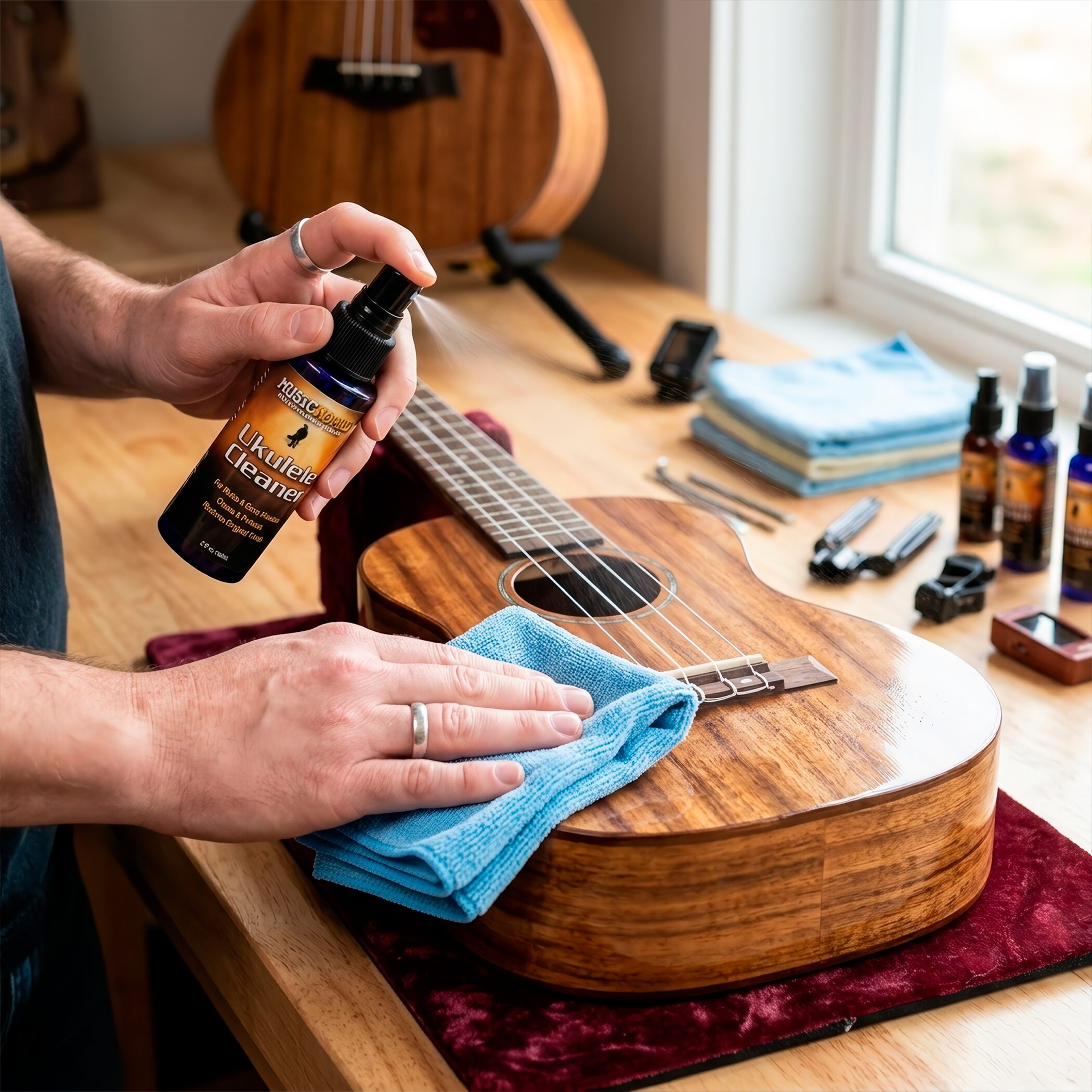 Limpiador Ukulele Cleaner Music Nomad MN121 en spray con paño incluido, limpiador profesional para ukulele que elimina polvo, huellas y suciedad.