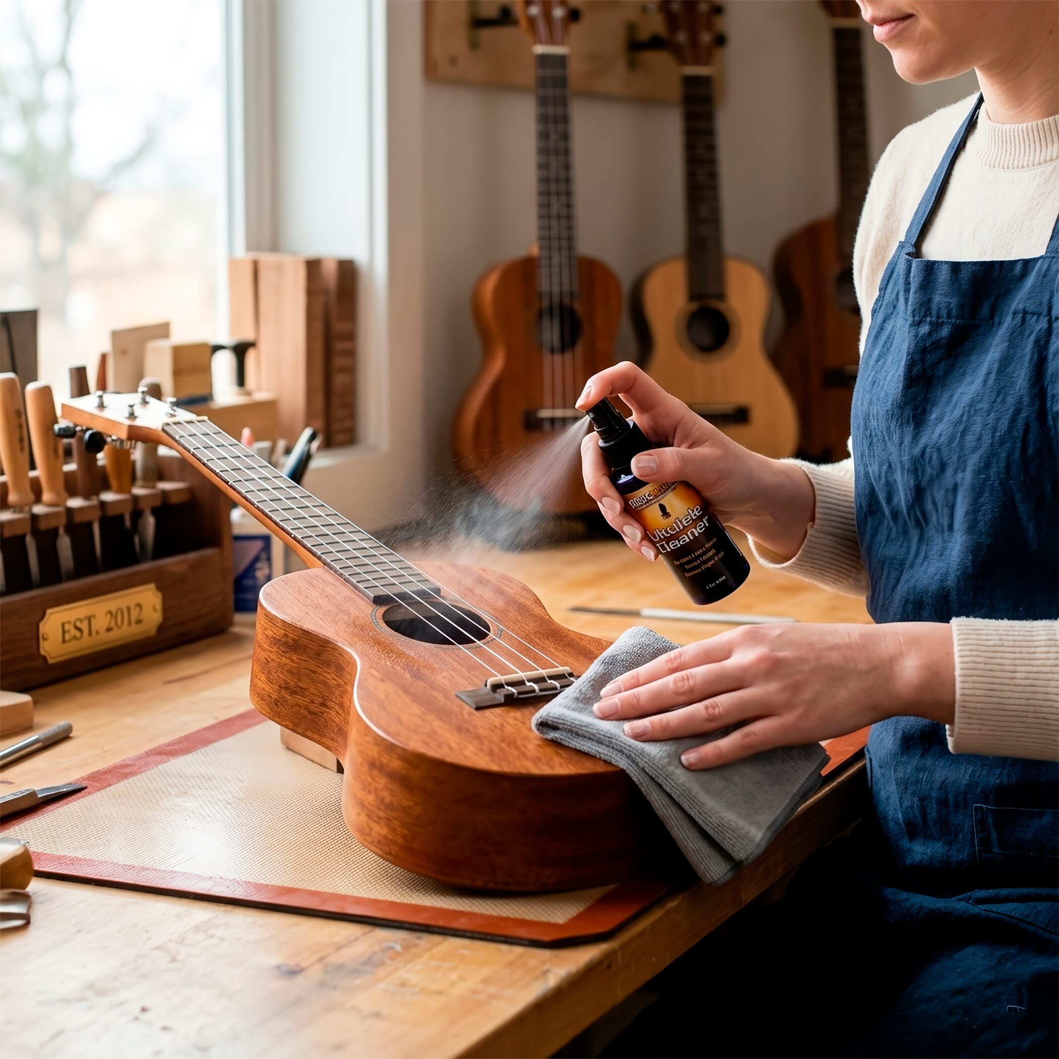 Limpiador Ukulele Cleaner Music Nomad MN121 en spray con paño incluido, limpiador profesional para ukulele que elimina polvo, huellas y suciedad.