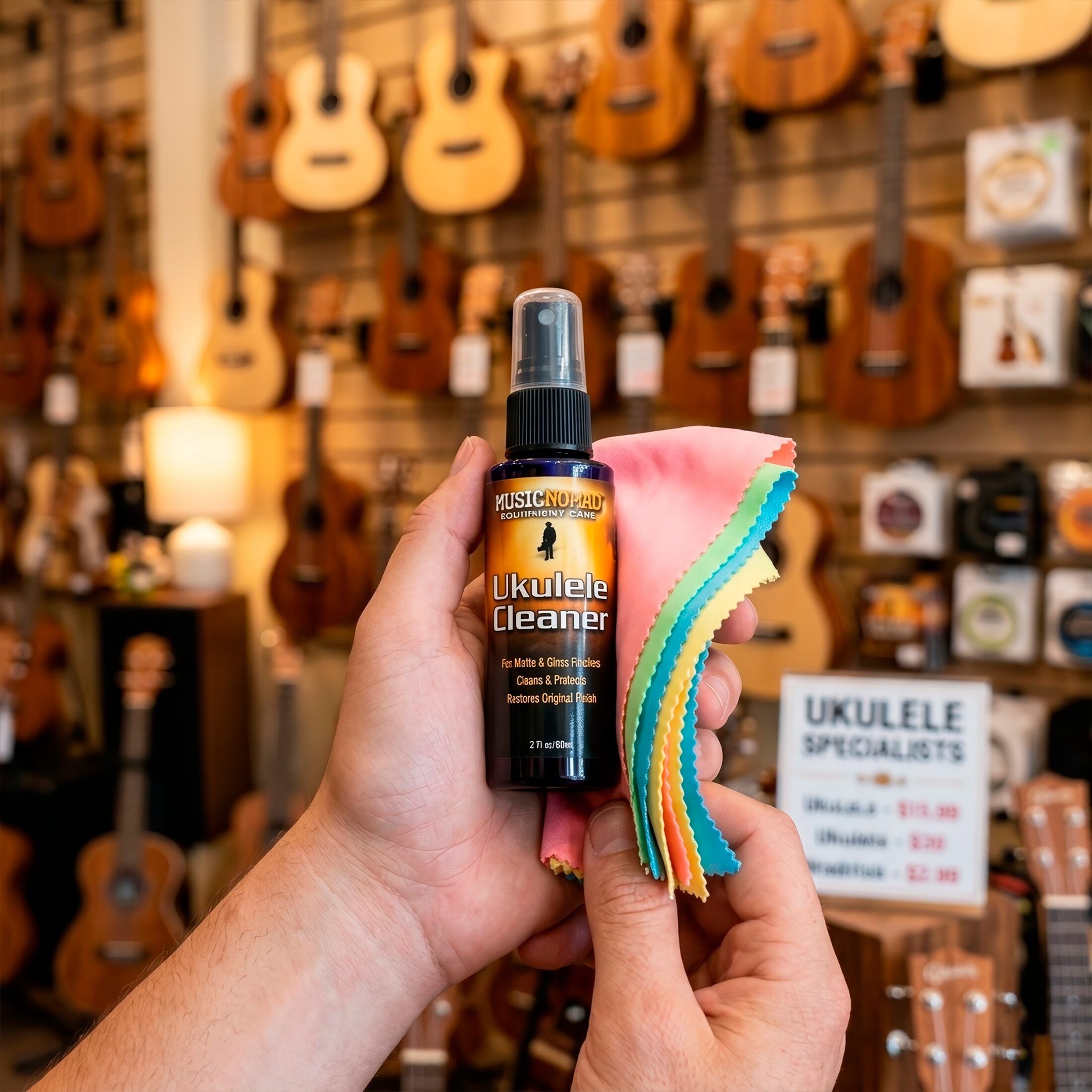 Limpiador Ukulele Cleaner Music Nomad MN121 en spray con paño incluido, limpiador profesional para ukulele que elimina polvo, huellas y suciedad.