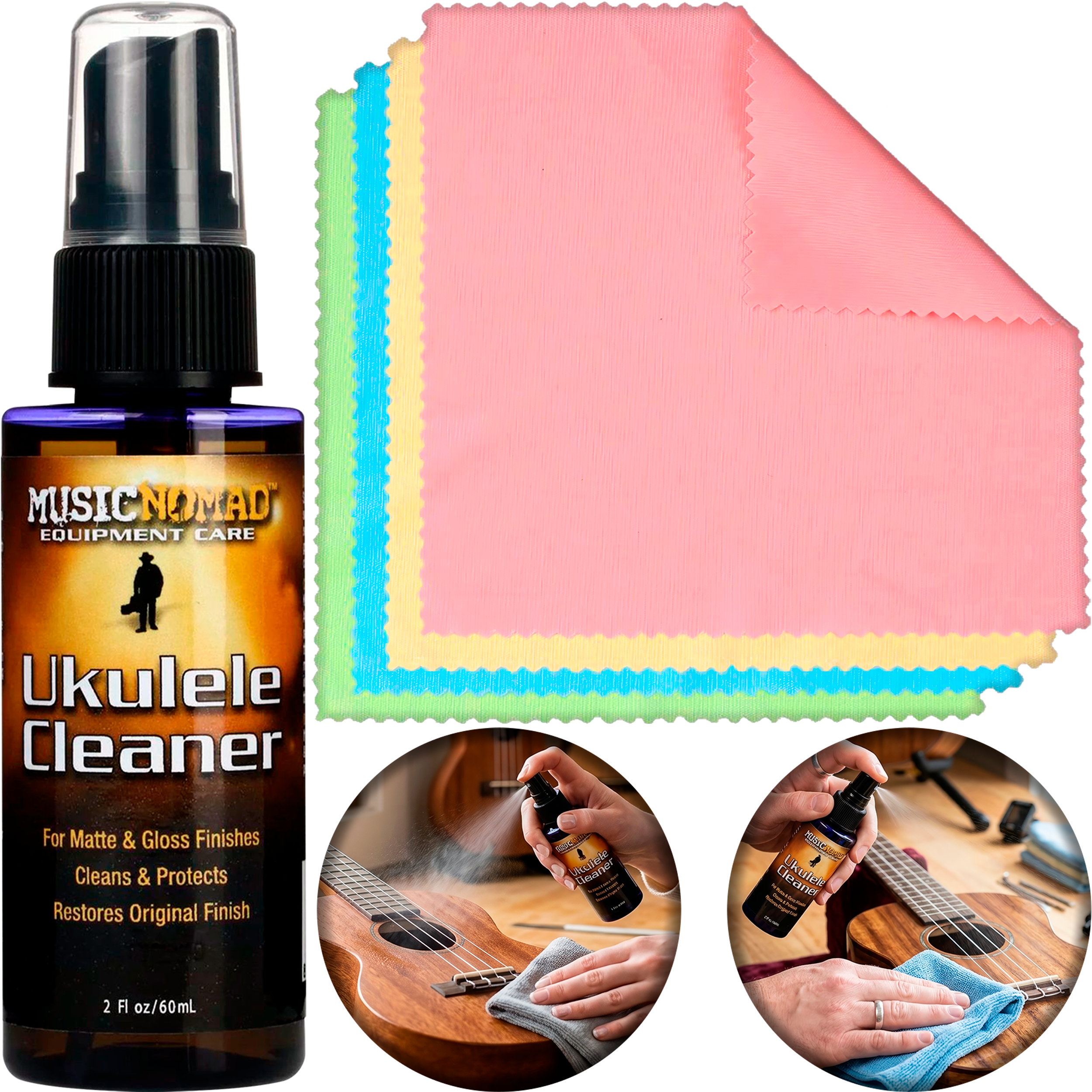Limpiador Ukulele Cleaner Music Nomad MN121 en spray con paño incluido, limpiador profesional para ukulele que elimina polvo, huellas y suciedad.