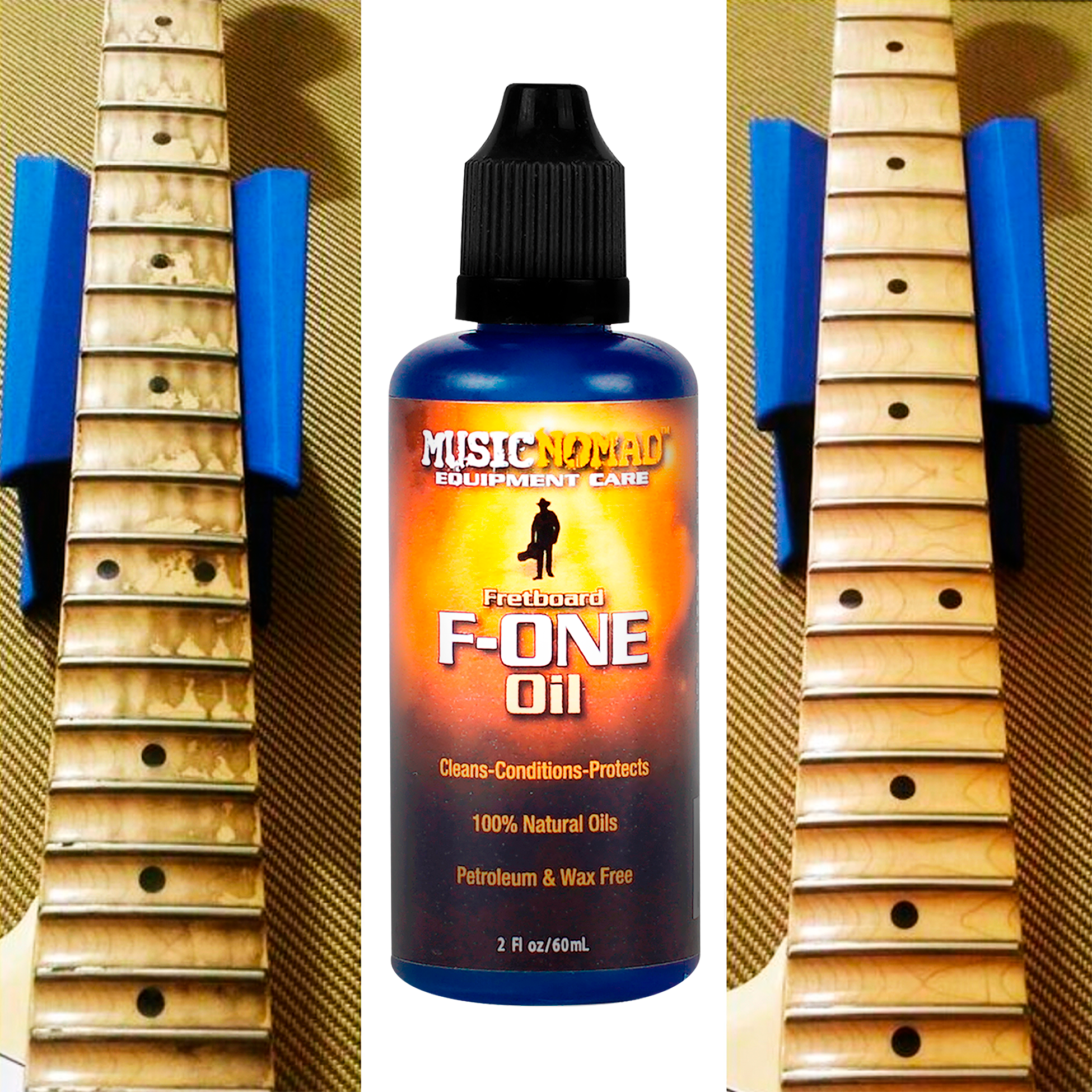 Music Nomad Aceite Limpiador P/ Diapasón F-One MN105 60 ml con aceites naturales para limpiar, acondicionar y proteger el diapasón de guitarras, bajos, ukuleles y otros instrumentos de cuerda. Incluye paño de microfibra para una aplicación limpia y rápida.