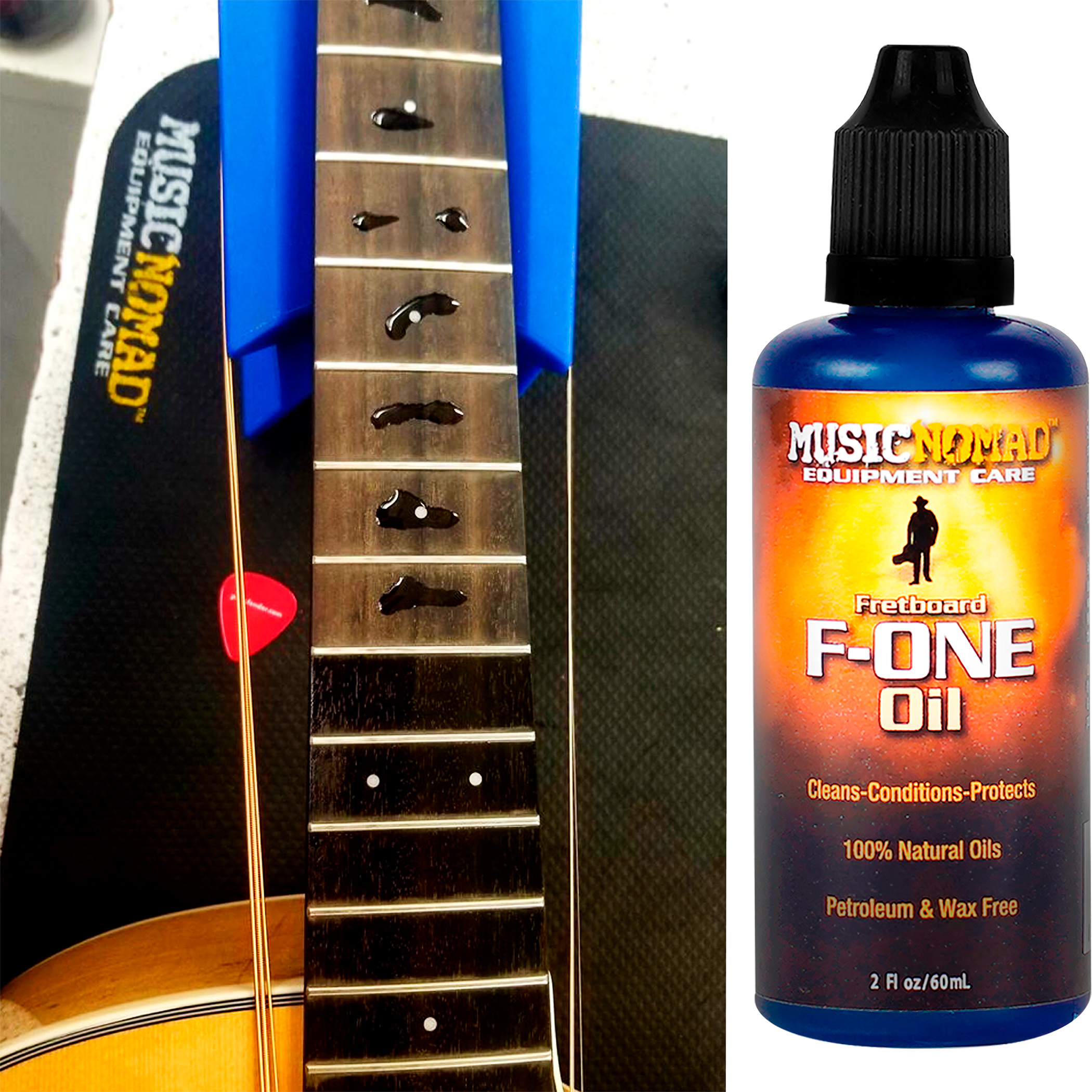 Music Nomad Aceite Limpiador P/ Diapasón F-One MN105 60 ml con aceites naturales para limpiar, acondicionar y proteger el diapasón de guitarras, bajos, ukuleles y otros instrumentos de cuerda. Incluye paño de microfibra para una aplicación limpia y rápida.
