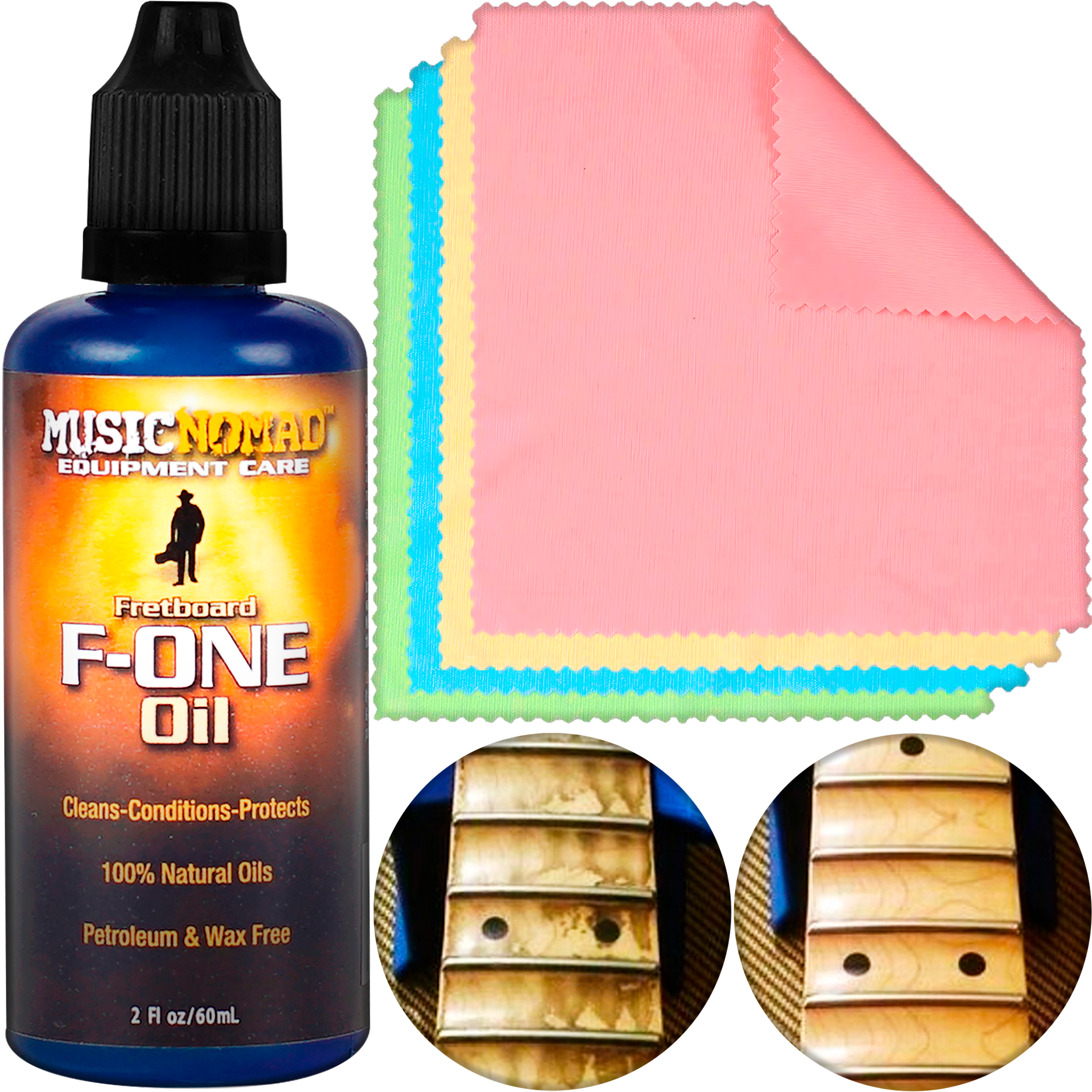 Music Nomad Aceite Limpiador P/ Diapasón F-One MN105 60 ml con aceites naturales para limpiar, acondicionar y proteger el diapasón de guitarras, bajos, ukuleles y otros instrumentos de cuerda. Incluye paño de microfibra para una aplicación limpia y rápida.