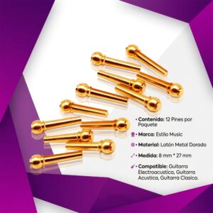 Pines Clavijas de Guitarra P/ Puente de latón dorado para guitarra acústica y docerola paquete con 6 piezas resistentes
