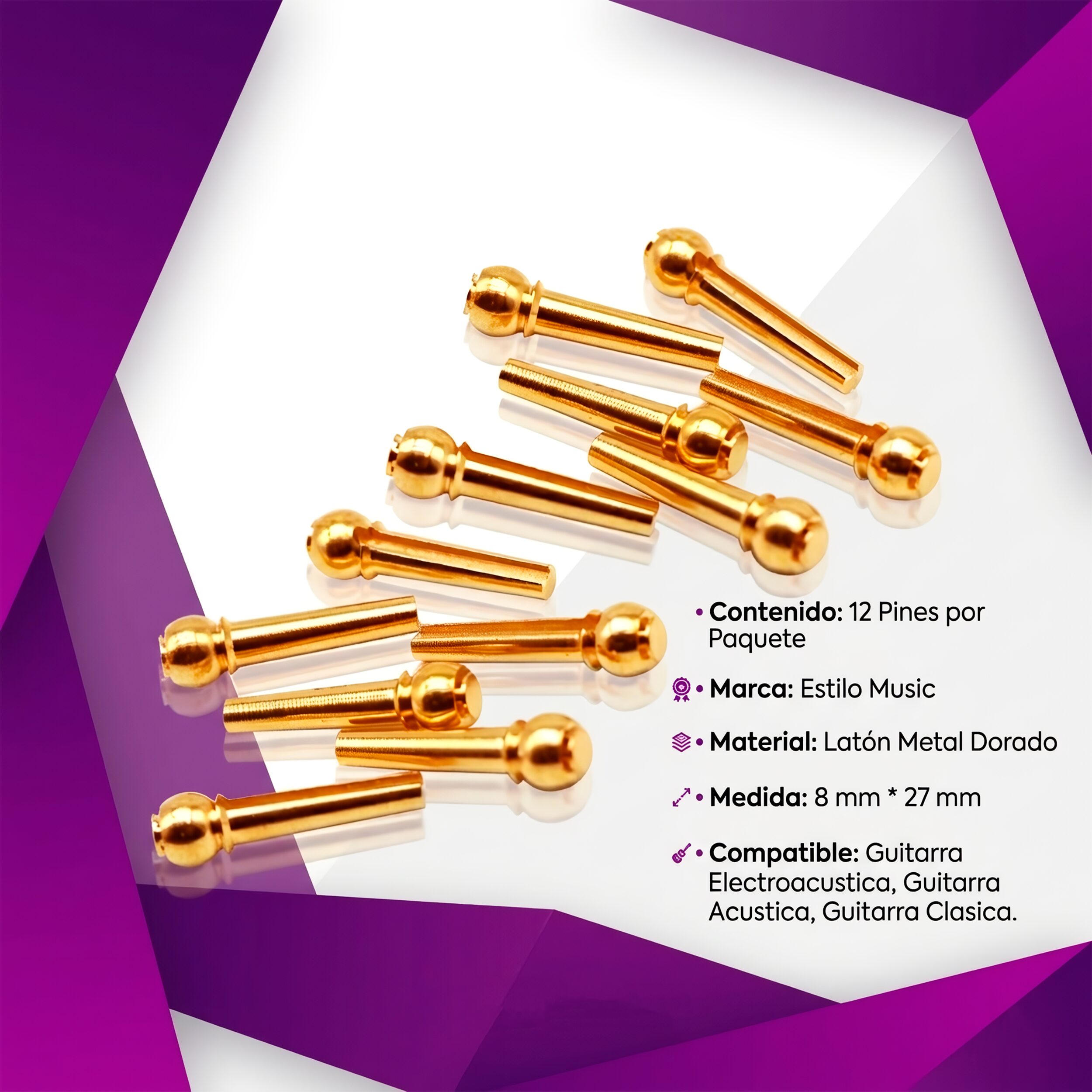 Pines Clavijas de Guitarra P/ Puente de latón dorado para guitarra acústica y docerola paquete con 6 piezas resistentes