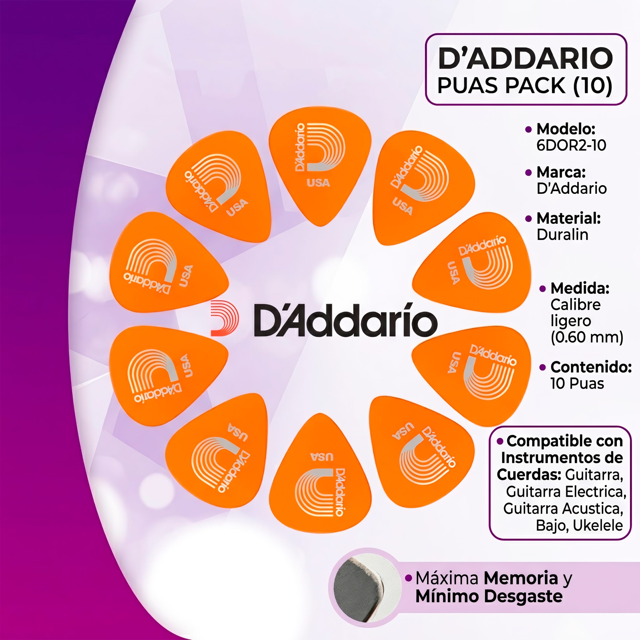 Puas Daddario Duralin Plumillas calibre 0.60 mm, paquete con 10 piezas fabricadas en USA, ideales para guitarra acústica y eléctrica.
