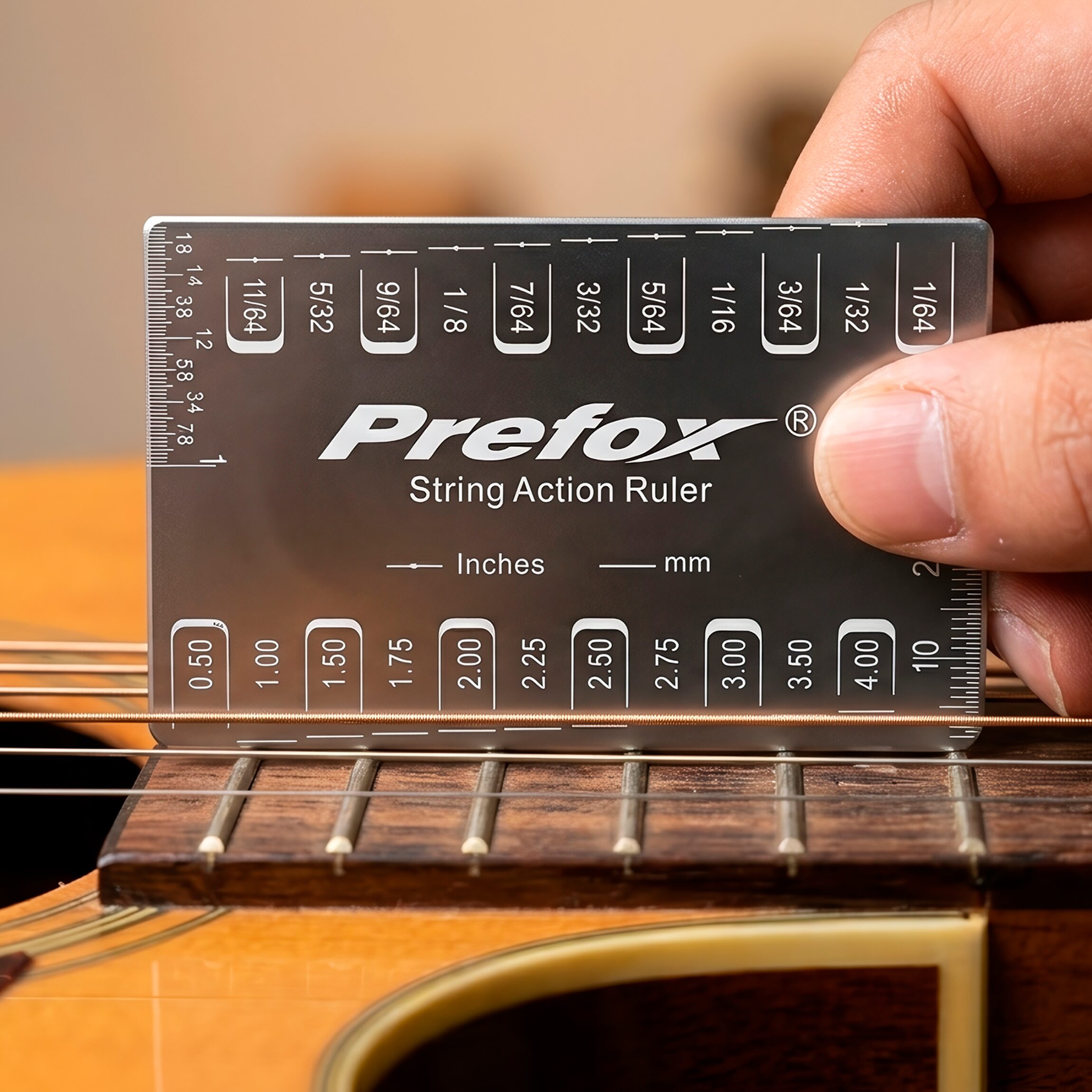 Regla Calibrar Ajustar Altura Cuerdas de acero inoxidable para medición precisa de acción de cuerdas y altura de pastillas en instrumentos musicales.