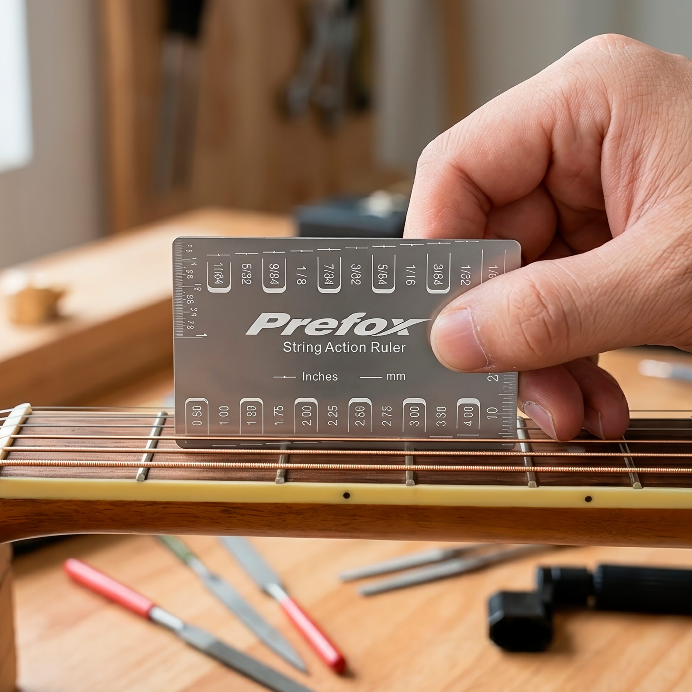 Regla Calibrar Ajustar Altura Cuerdas de acero inoxidable para medición precisa de acción de cuerdas y altura de pastillas en instrumentos musicales.
