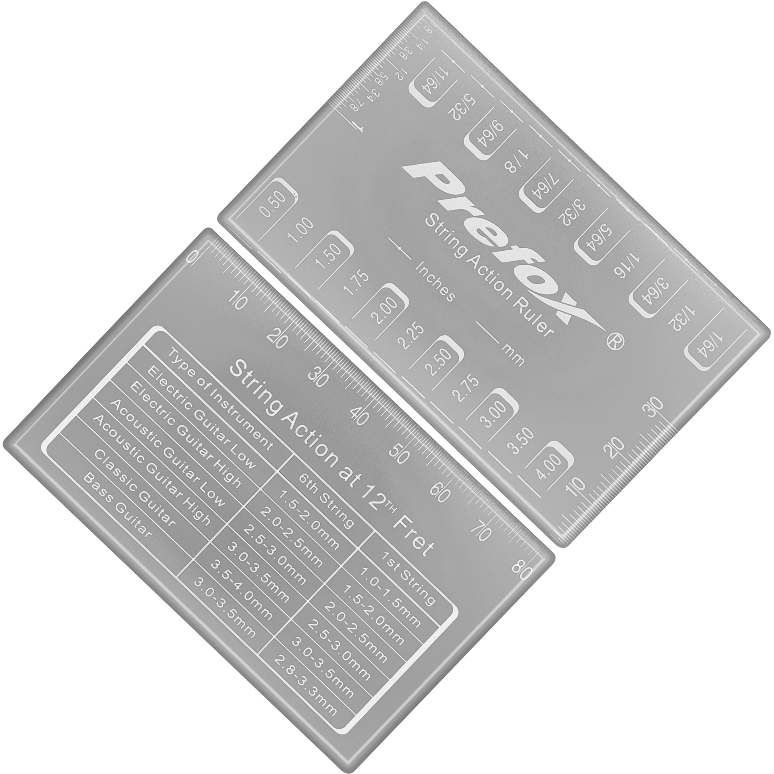 Regla Calibrar Ajustar Altura Cuerdas de acero inoxidable para medición precisa de acción de cuerdas y altura de pastillas en instrumentos musicales.