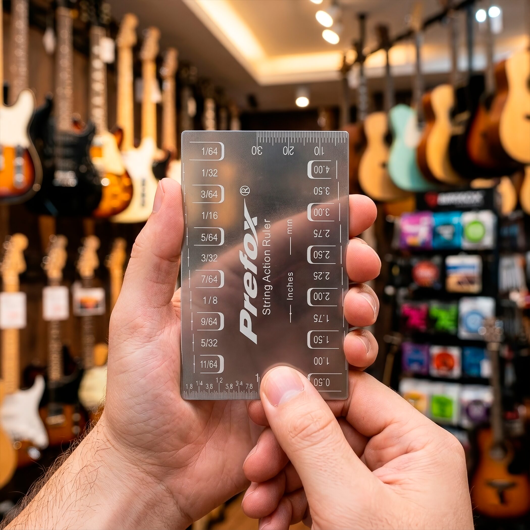 Regla Calibrar Ajustar Altura Cuerdas de acero inoxidable para medición precisa de acción de cuerdas y altura de pastillas en instrumentos musicales.