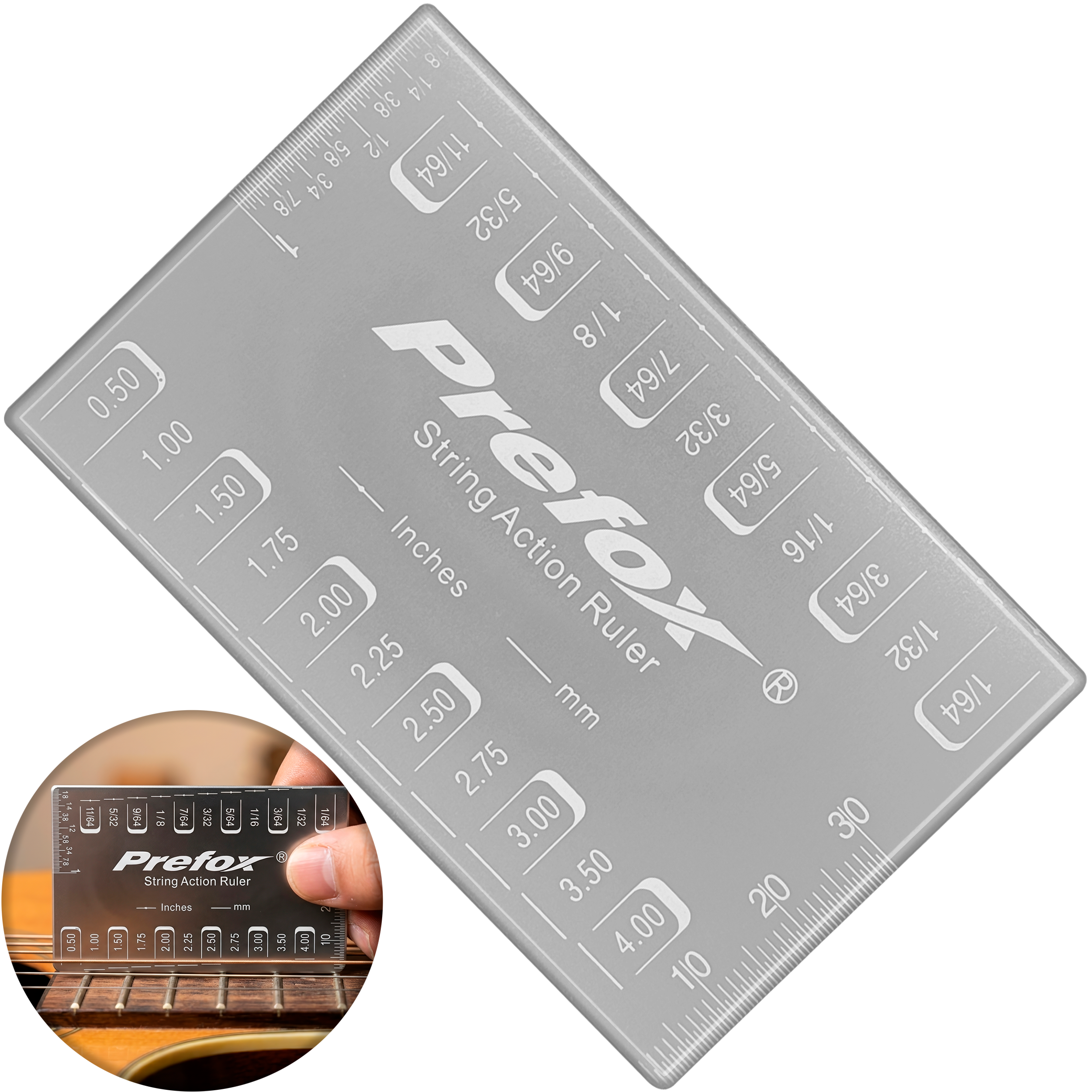 Regla Calibrar Ajustar Altura Cuerdas de acero inoxidable para medición precisa de acción de cuerdas y altura de pastillas en instrumentos musicales.