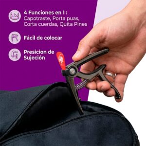 Capotraste Capo Guitarra 4-en-1: cejilla, corta cuerdas, quita pines y pick holder multifuncional para Guitarra, herramienta 4-en-1 que corta cuerdas, extrae pines, sujeta púas y funciona como capo BD01