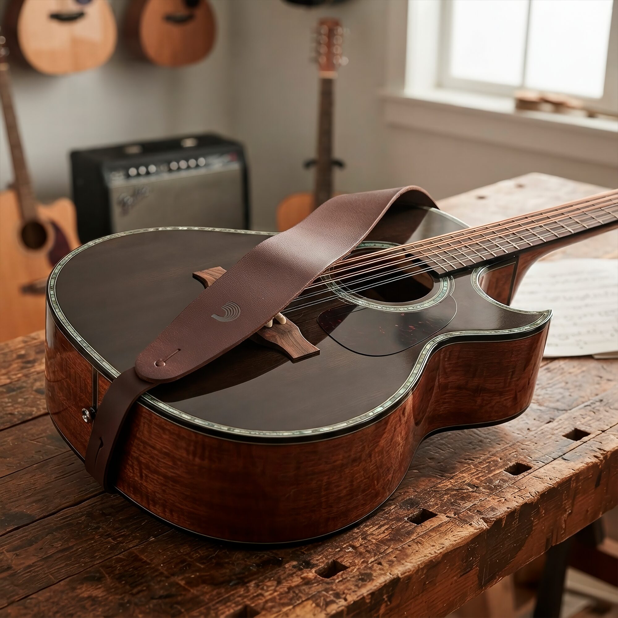 Correa De Piel P/ Guitarra Daddario Cuero 25BL01 color café, ajustable y fabricada en piel auténtica