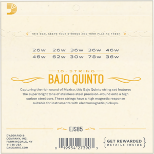 Cuerdas Daddario EJS85 para bajo quinto de acero inoxidable, set de 10 piezas con tono súper brillante
