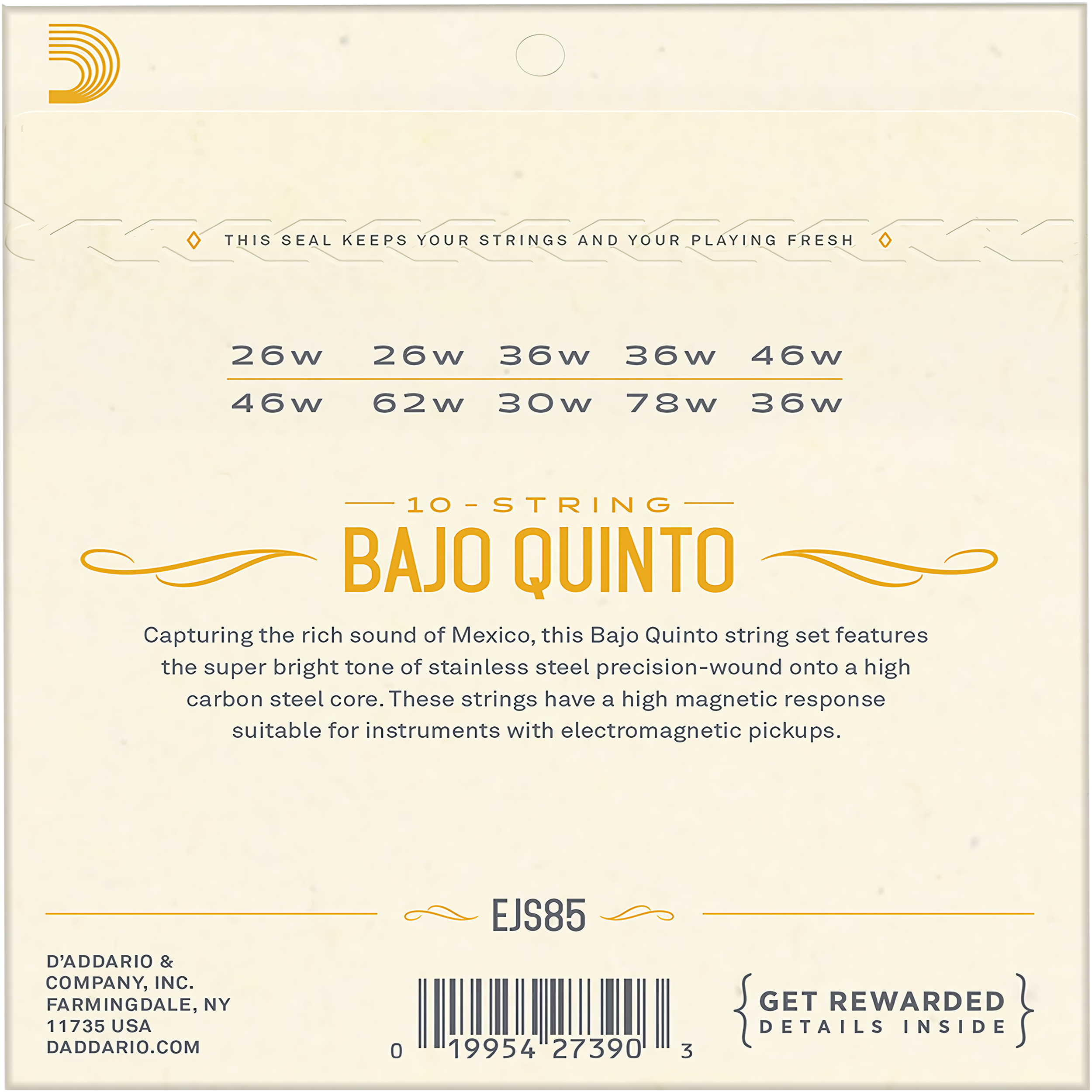 Cuerdas Daddario EJS85 para bajo quinto de acero inoxidable, set de 10 piezas con tono súper brillante