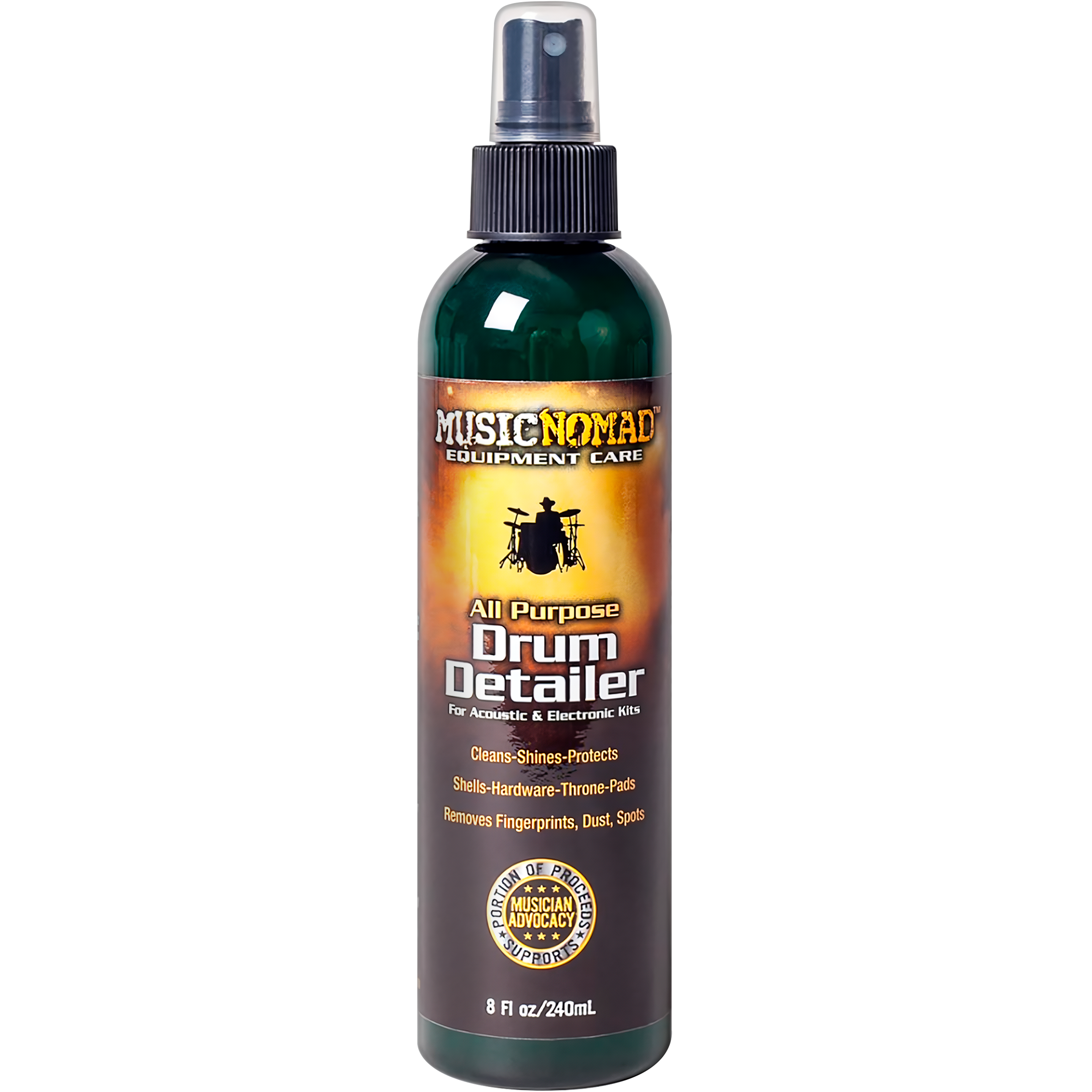 Limpiador De Batería Music Nomad Drum Detailer MN110 de 240 ml para vasos, hardware y pads electrónicos