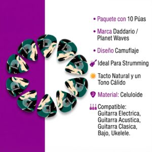 Paq. De 10 Plumillas Daddario 0.70 Mm 1CCF2-10 1CCF4-10, púas Planet Waves de celuloide con diseño camuflaje