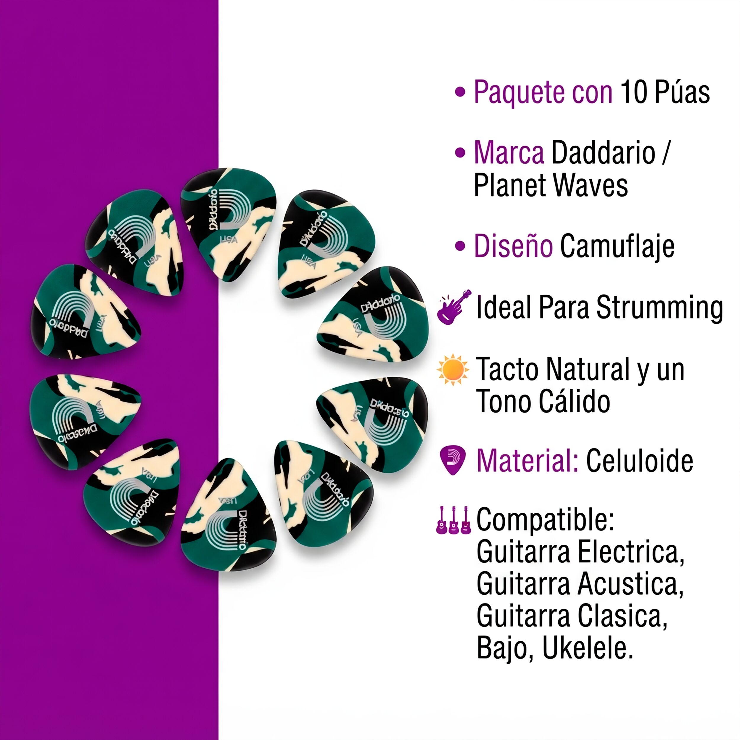 Paq. De 10 Plumillas Daddario 0.70 Mm 1CCF2-10 1CCF4-10, púas Planet Waves de celuloide con diseño camuflaje