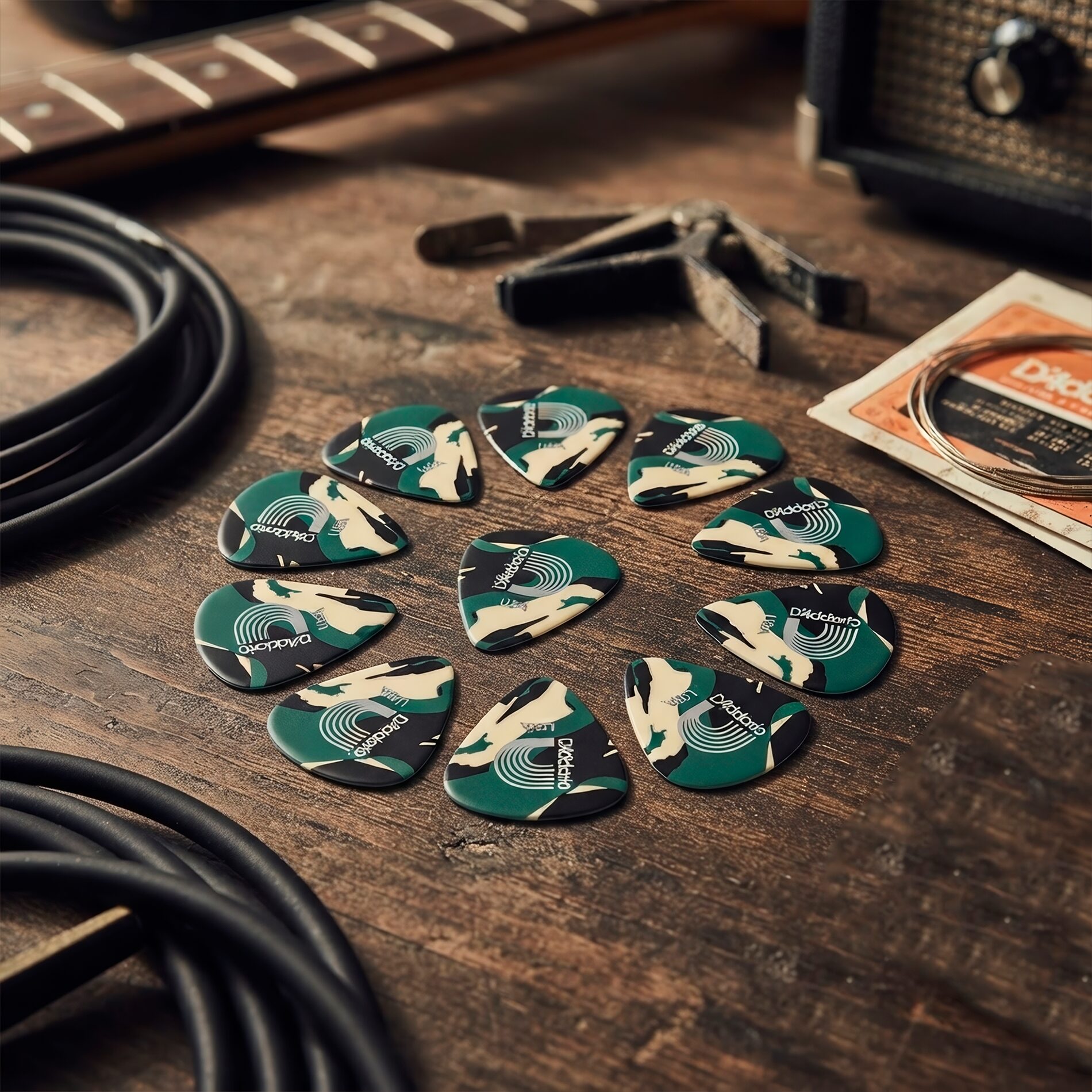 Paq. De 10 Plumillas Daddario 0.70 Mm 1CCF2-10 1CCF4-10, púas Planet Waves de celuloide con diseño camuflaje
